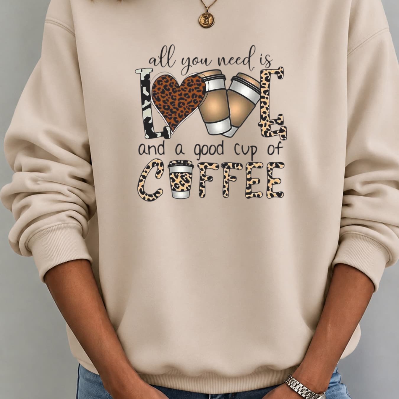 Image of Autumn/winter New Fuzzy Women's Leopard Print Coffee Cup Graphic Loose Fit Casual Sweatshirt, Breathable & Comfortable For Daily Wear, Round Neck Pullover