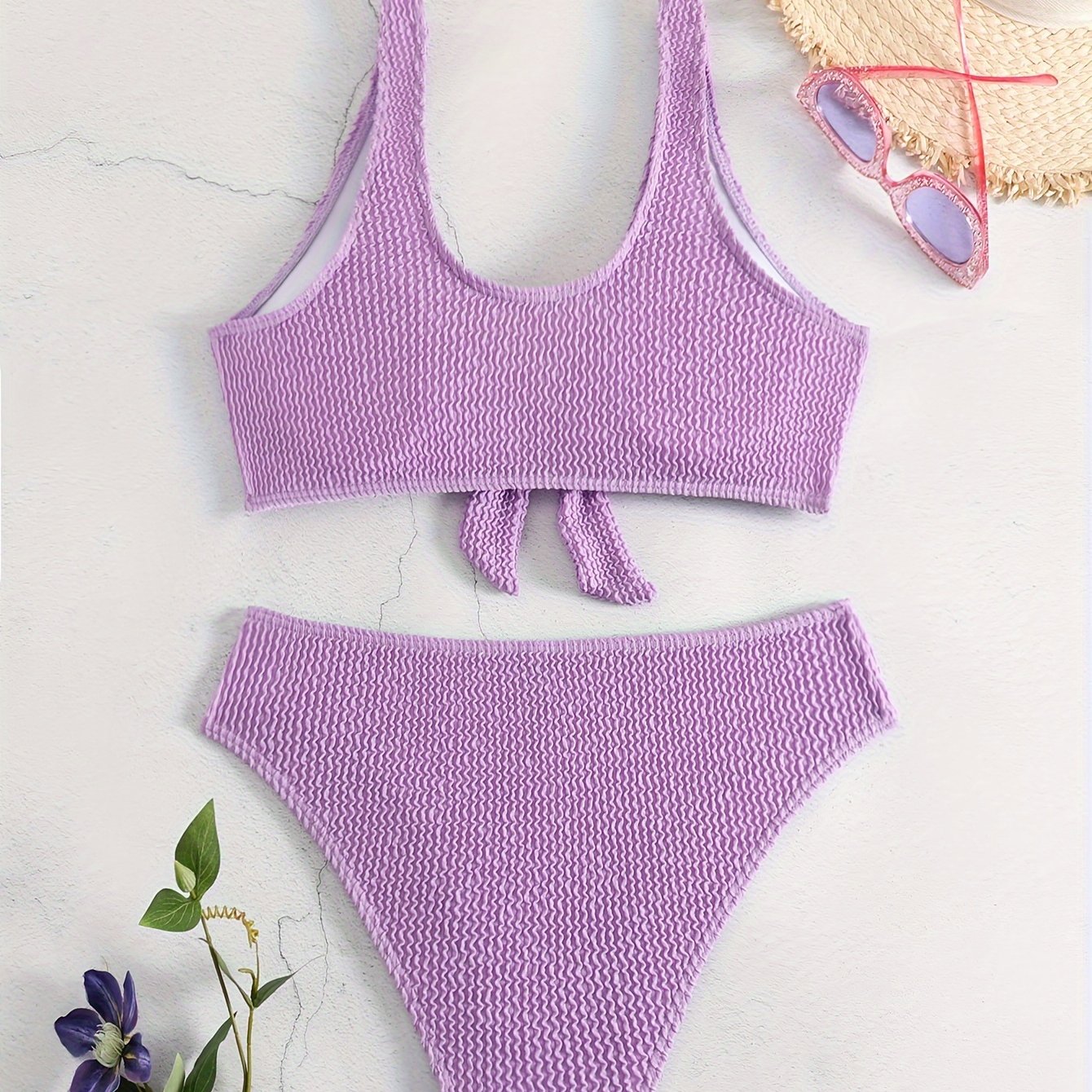 Image of Fashion Sexy Elegant Solid Color Special Fabric Crinkle Bikini Two-piece Set