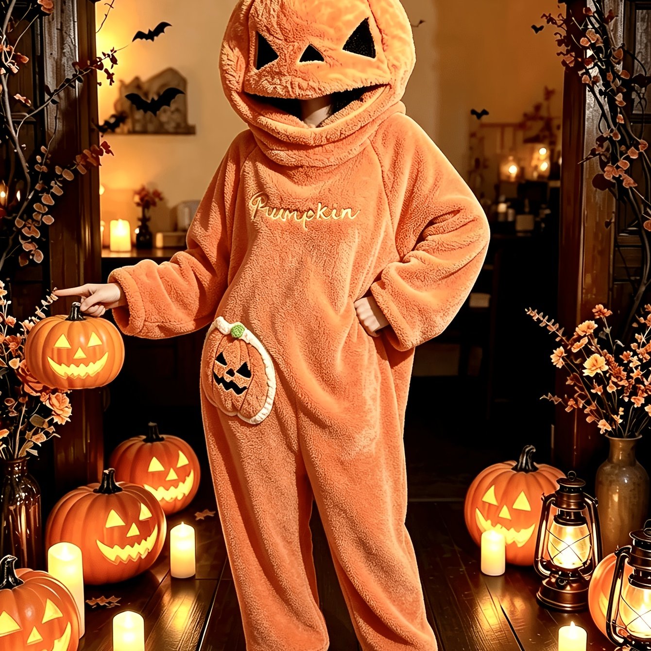 TEMU Halloween 1pc Autumn Winter Teenager's Fleece Thickened Halloween Pumpkin Prop Pumpkin Jumpsuit Teenager's Warm Abstract Ugly Cute Wearable