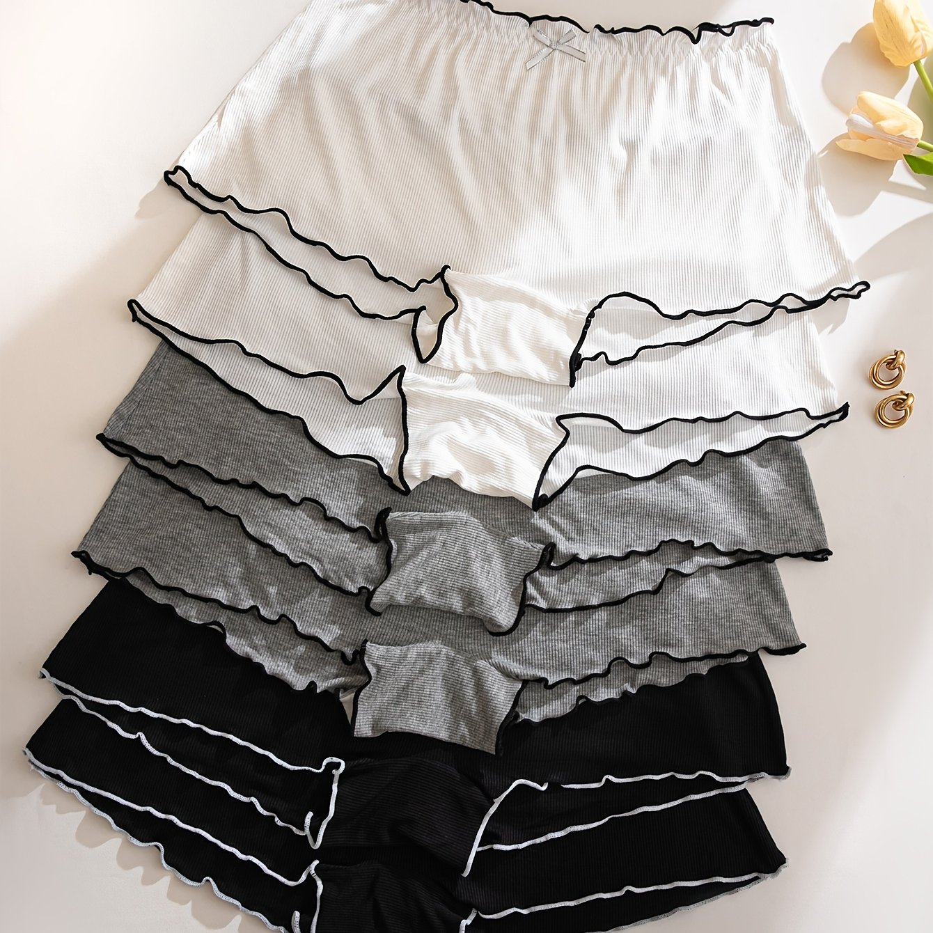 TEMU Lot de 6 boxers-culottes grande taille pour femme avec nœud à volants et couverture - - Sous-vêtements côtelés adaptés aux tenues décontractées,