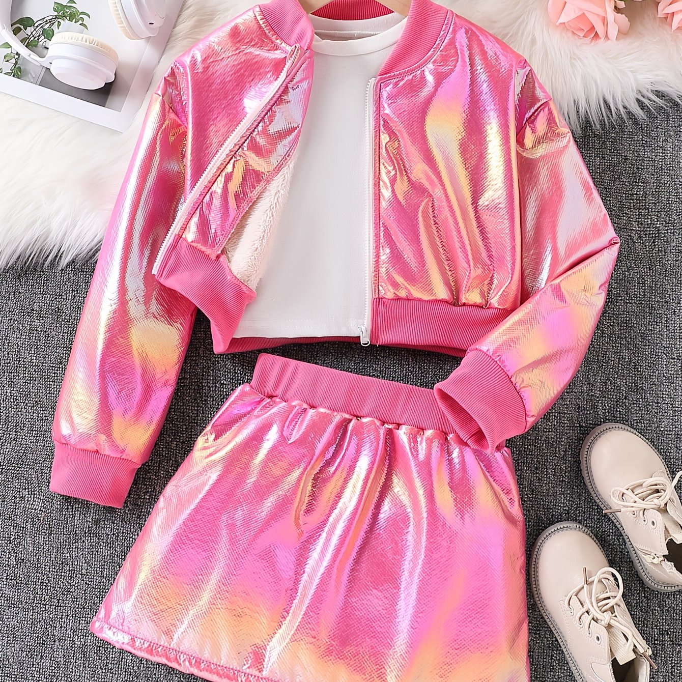 Image of Girls' Long-sleeve Jacket + Skirt 2pcs Set, Fashionable With Plush Lining For , Zippered Stylish Outerwear