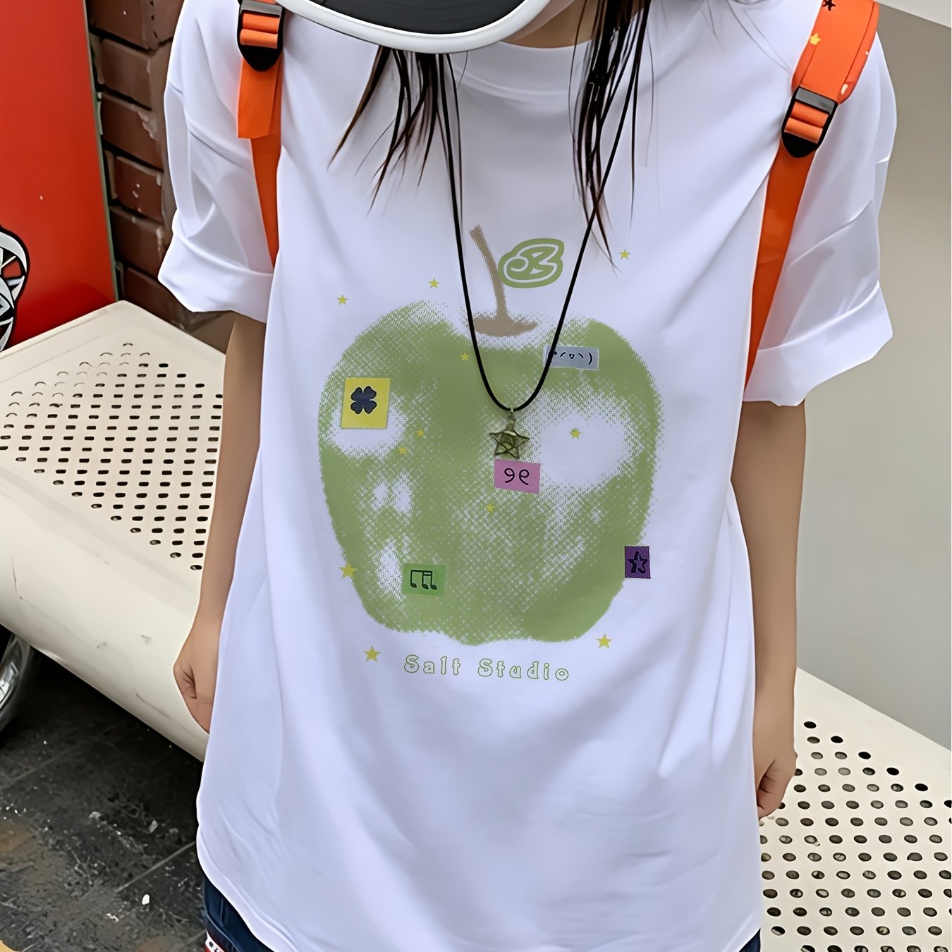TEMU Women's 100% Short-sleeve T-shirt - Featuring A 'square ' Letter Print Design, Y2k Style, Relaxed Fit, Round Neck Pullover Top, Perfect For