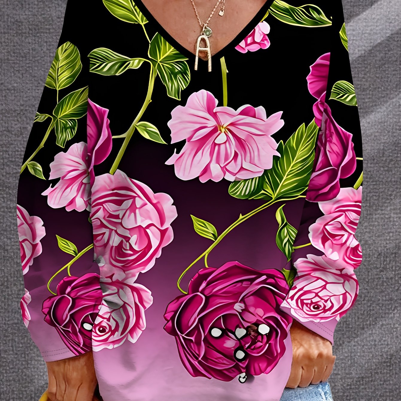 TEMU Pull Femme Grande Taille, Col V Imprimé Rose, Manches Longues, Motif Floral Élégant, Nouveau Pull Polyvalent pour Printemps et Automne