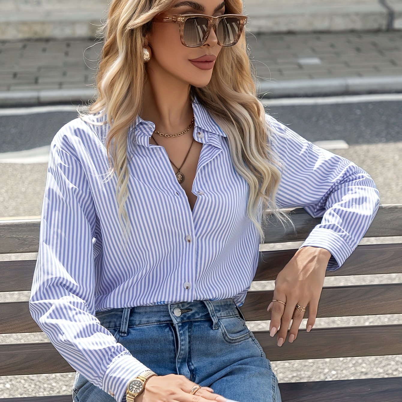 TEMU Women's Elegant Striped Button-up Shirt - Fashionable Long Sleeve, Versatile Blue Striped Blouse Top
