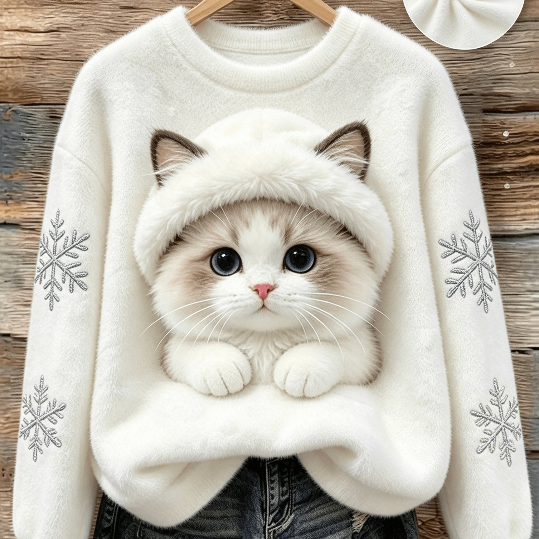 TEMU Sweatshirt et polyvalent pour femme, pull à col ras du cou avec imprimé plat de chat et de neige, sweatshirt décontracté à manches longues et