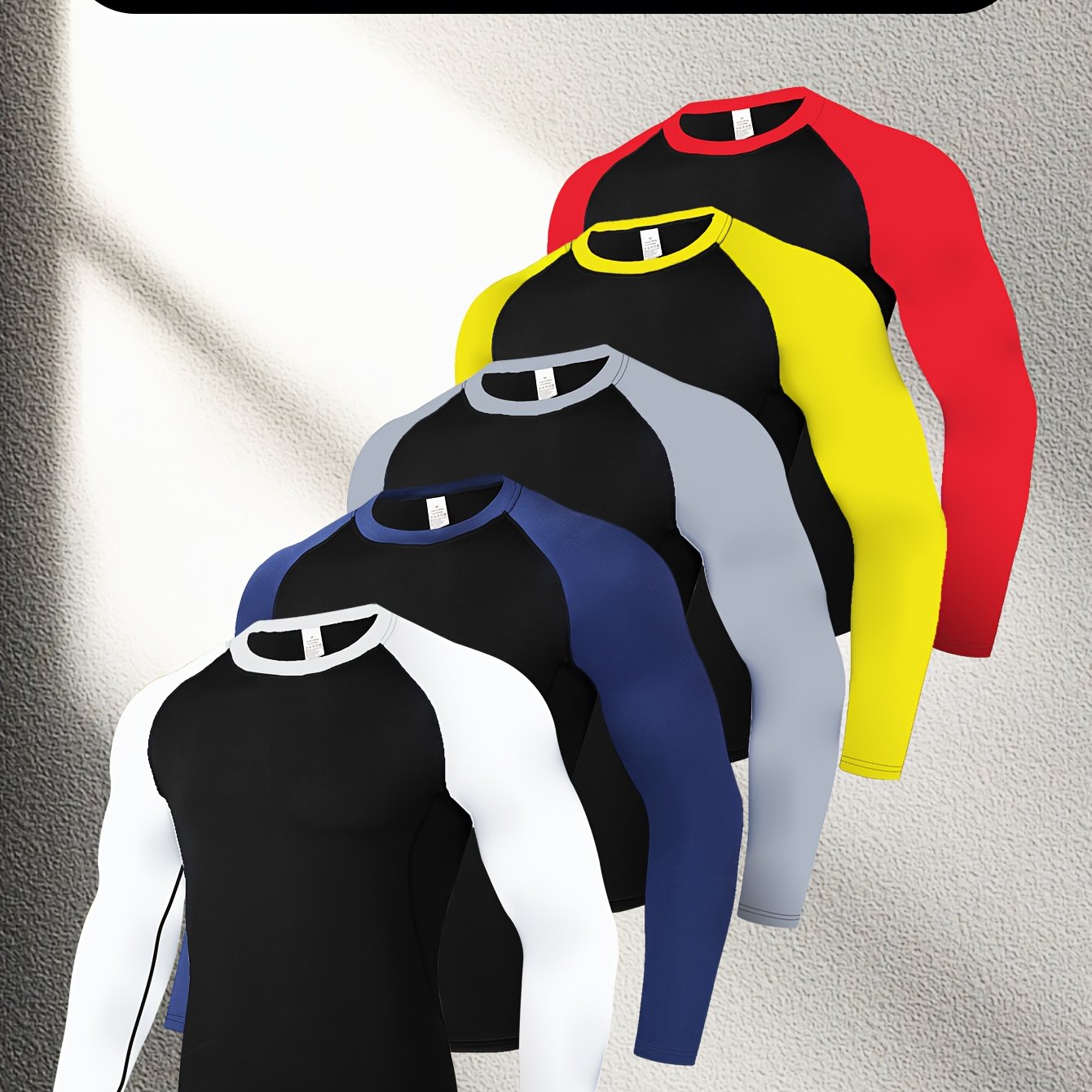 TEMU 5pcs Men's Color Long Sleeve Sportswear - Breathable, Quick-dry, High , Comfortable Round Neck Bra | Color Design | , Suitable For Running,