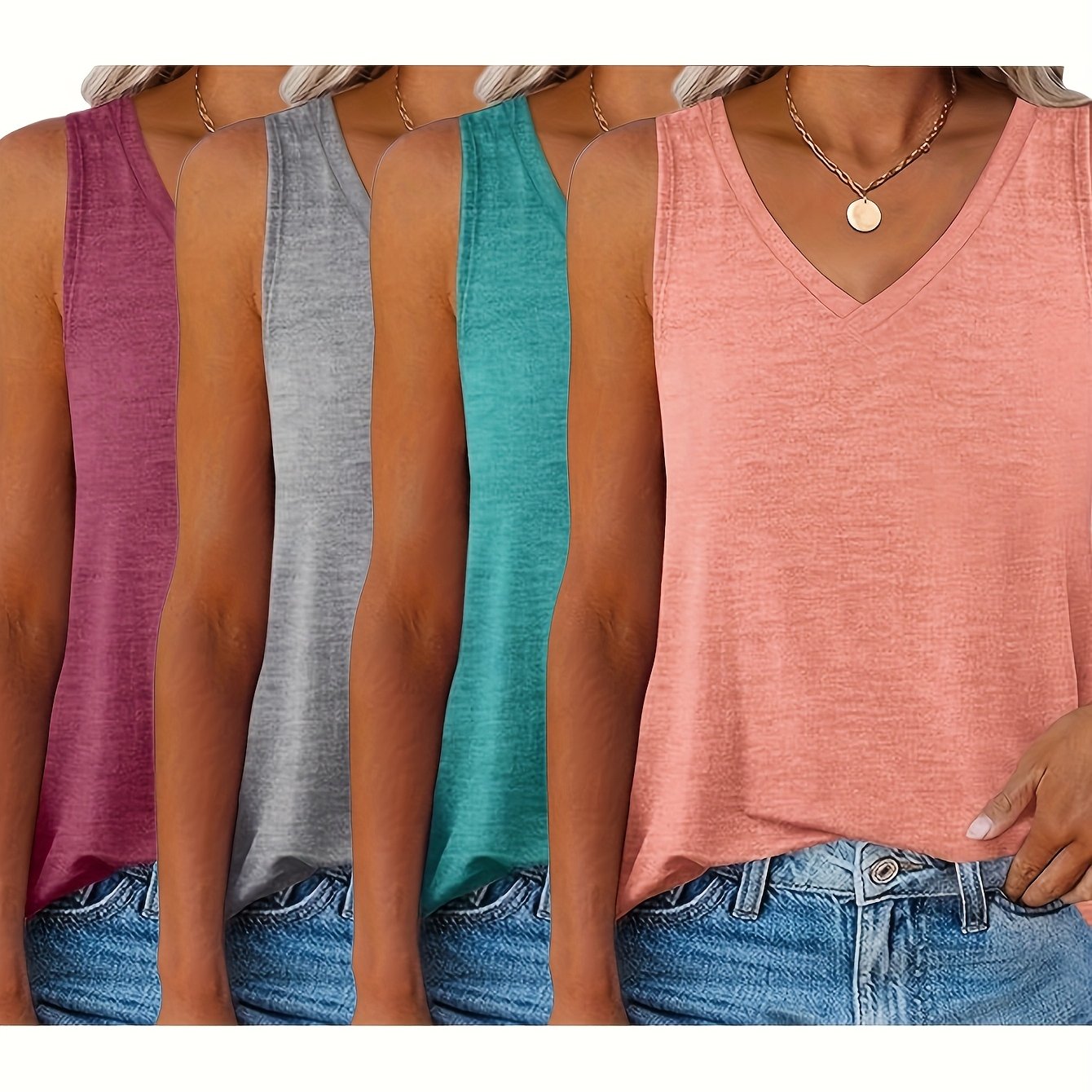 E-shop 4-teiliges Set unbedrucktes ärmelloses Tanktop mit V-Ausschnitt in einfarbiger europäischer amerikanischer Freizeitmode für 2025