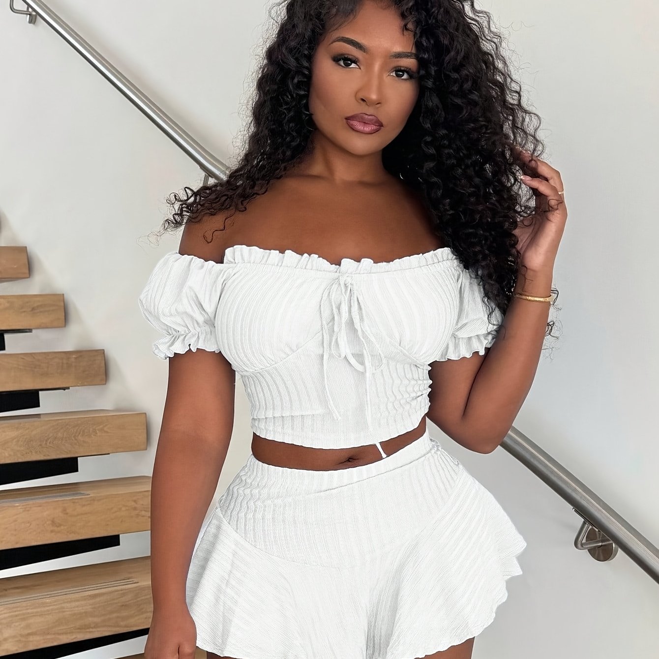 TEMU Beach; Princess Sleeve Ruffle Holiday White Two-piece Short Sleeve