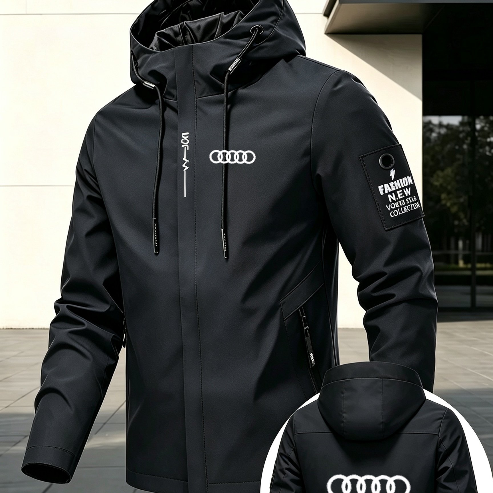 TEMU Men's Hooded Jacket With '' Logo Print, Zip-up Windproof Jacket For Spring And Autumn, -style Loose Fit Outdoor Top