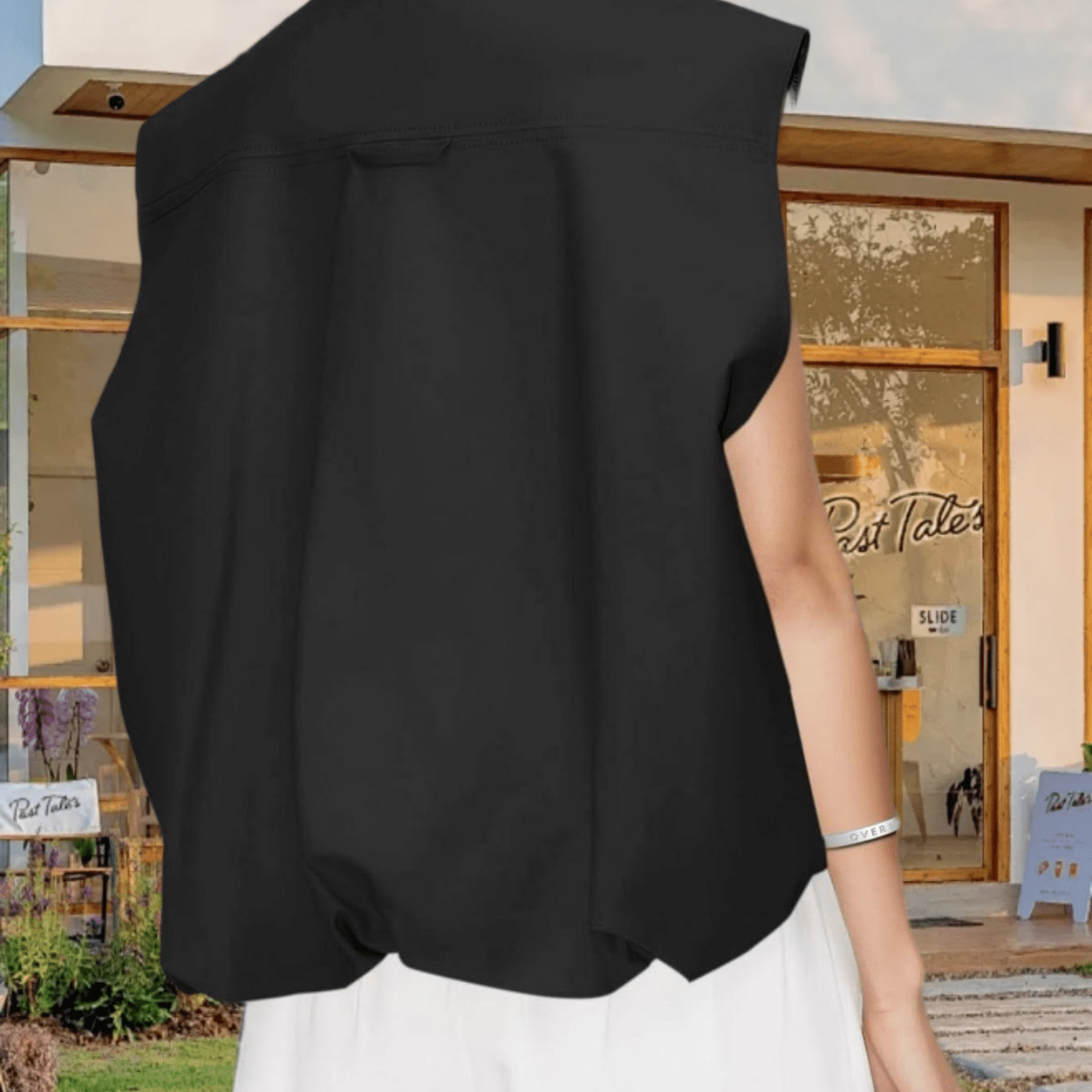 Womens Sleeveless Blazer Vest Zip Up Oversized Ruched Hem Casual Daily Tops