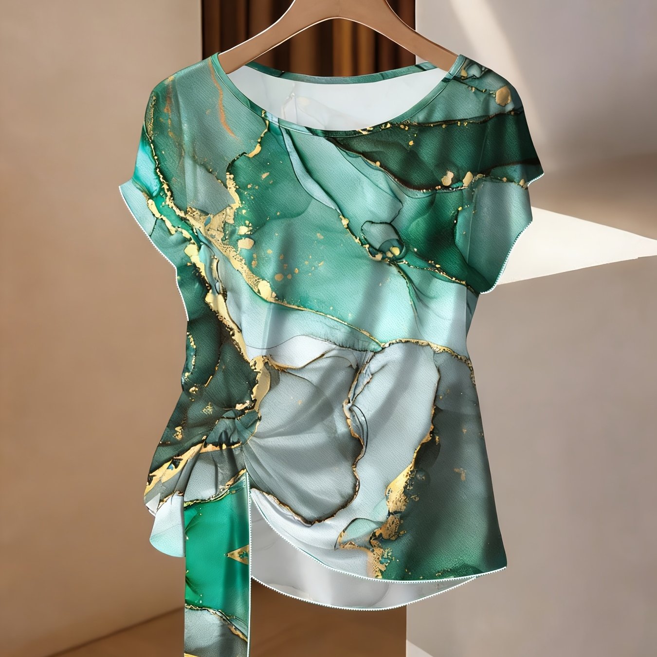 TEMU Plus Size, Women's Plus Size Summer Cooling Marble Print Green Batwing Sleeve Round Neck Top