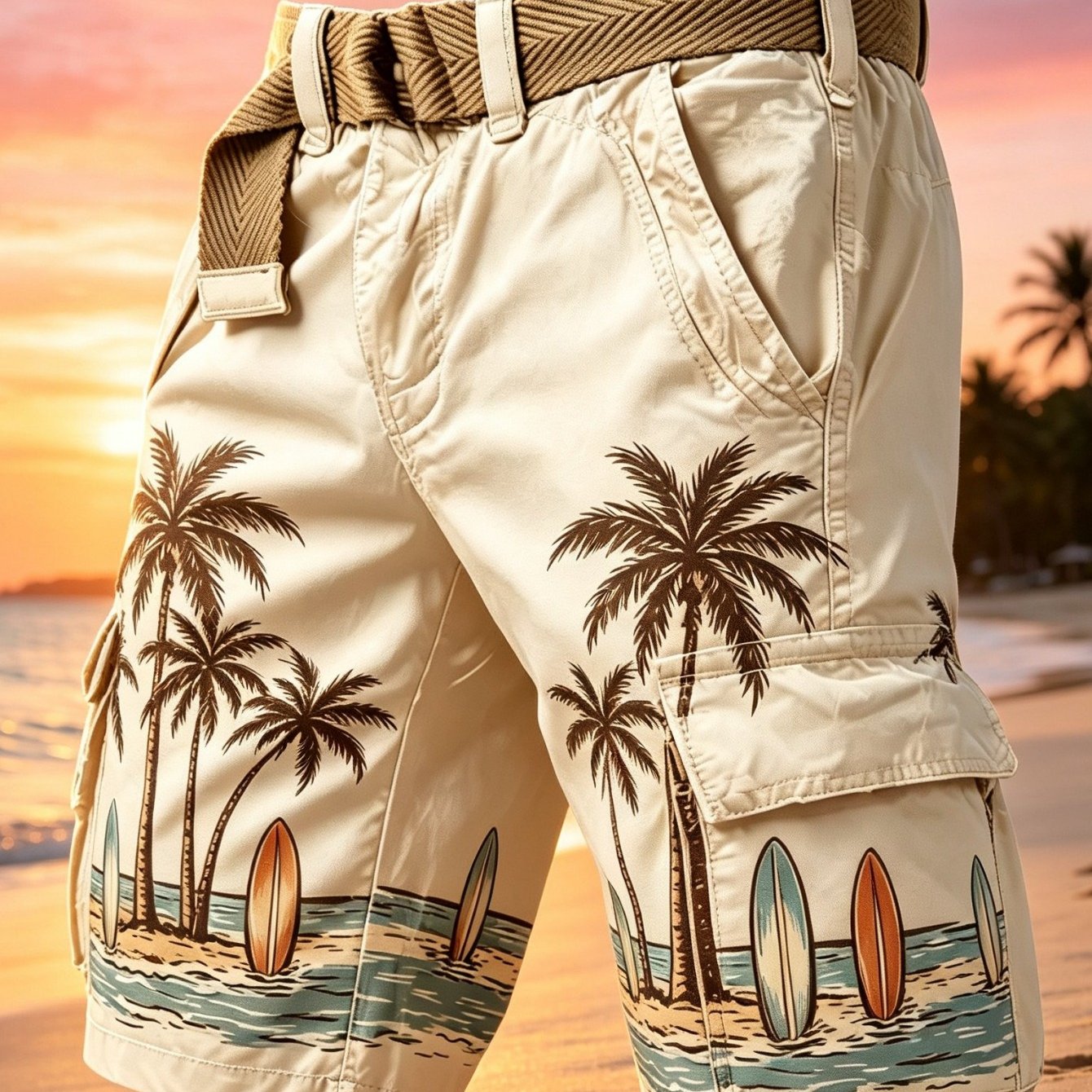 Image of 1 Pc Men's Hawaiian Print Cargo Beach Shorts, Beige Palm Tree Surfboard Breathable Multi-pocket Casual Bottoms For Summer Day Vacation Daily Outdoor Wear Belt Not Included