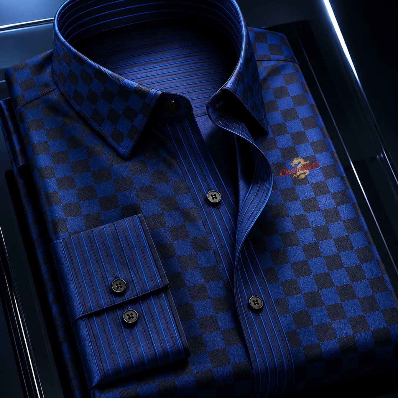 Summer 's Doublebutton Collar Longsleeve Shirt Blue Checkerboard Dragon Print For Business And Formal Parties., Plus Size
