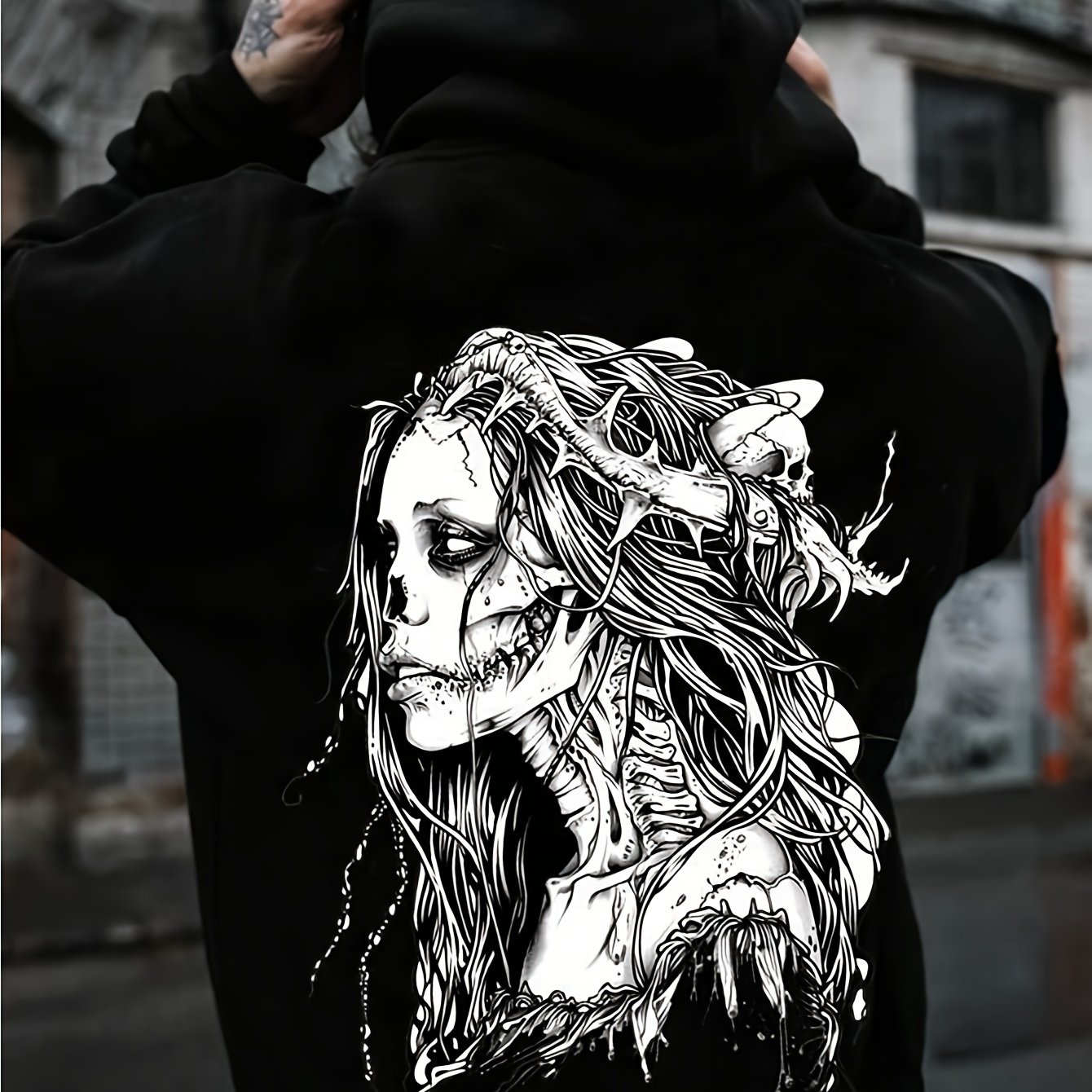 Image of Men's Gothic Zombie And Skull Print Hooded Sweatshirt - Dark Horror Graphic Pullover With Front Pocket, Loose Fit Lightweight Fleece Hoodie