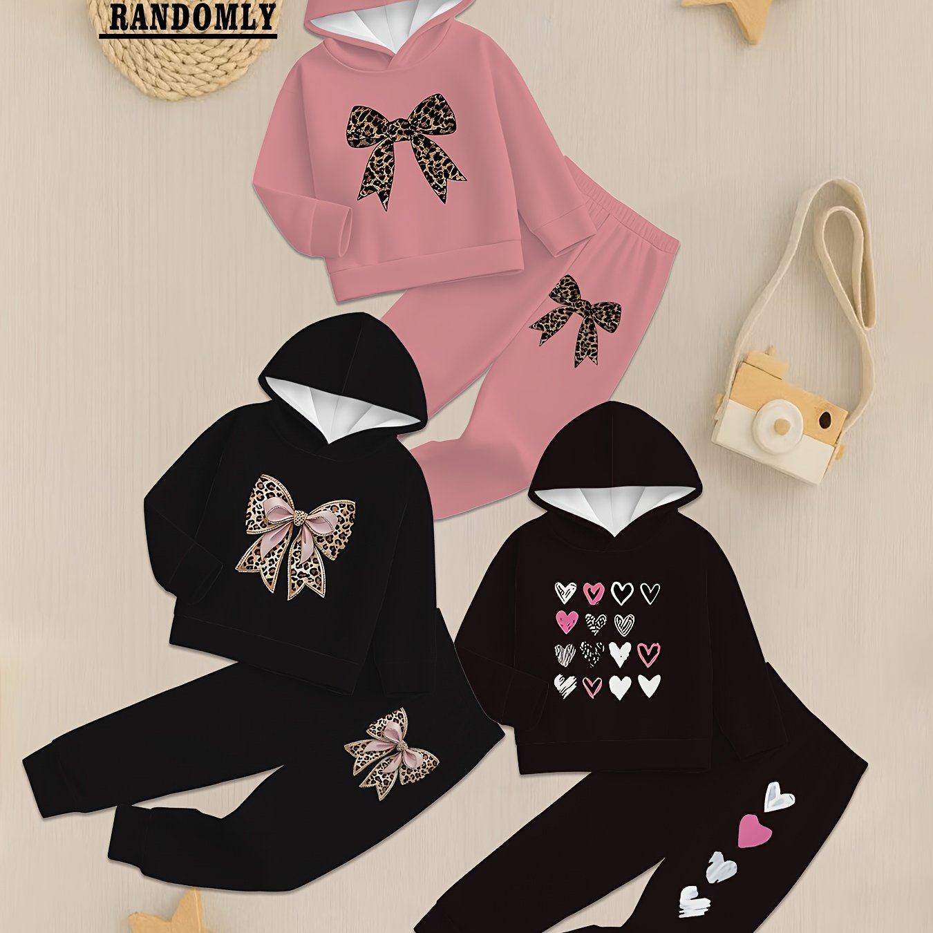 TEMU Baby Girls' Autumn And Winter Three-piece Set (1 Random Set ) - Cute Printed Hooded Sweatshirt And Pants Toddler Casual Outfit, For Outdoor