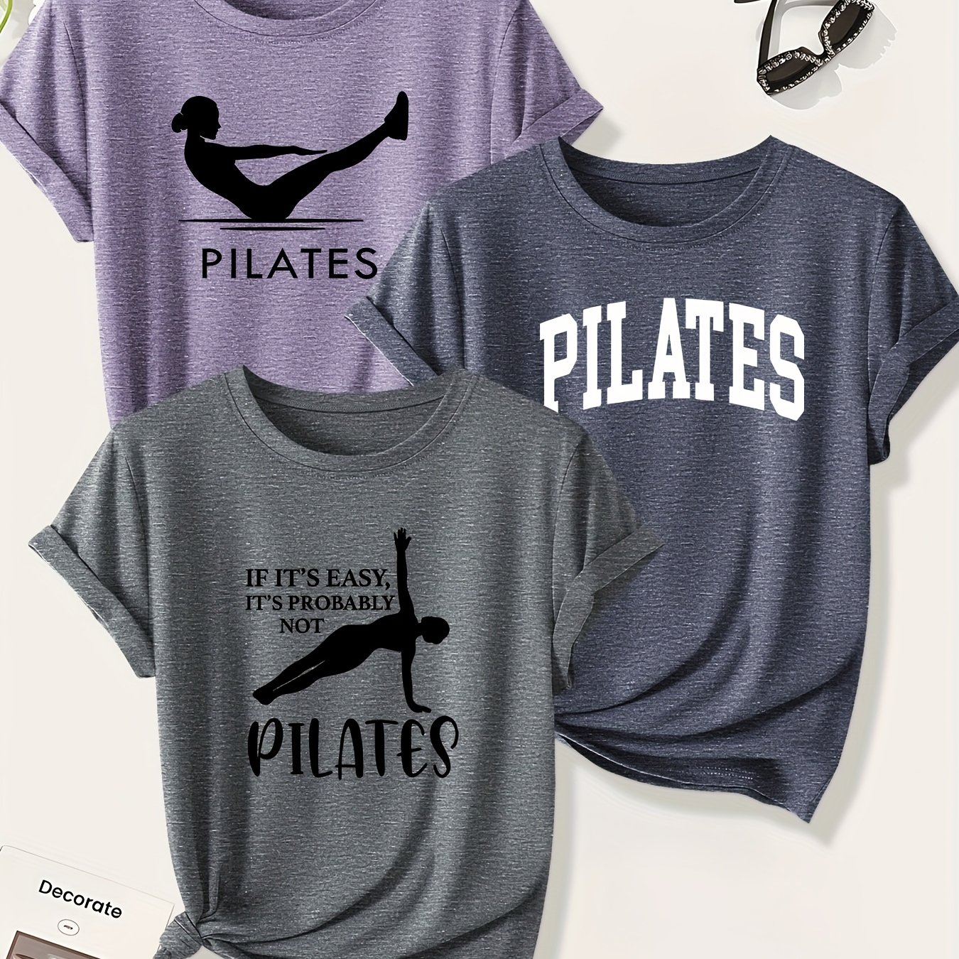 TEMU Set Of 3 Elegant Women's T-shirts Featuring Pilates-themed Letter And Figure Designs, With Inspirational Prints Of Pilates Movements For Spring