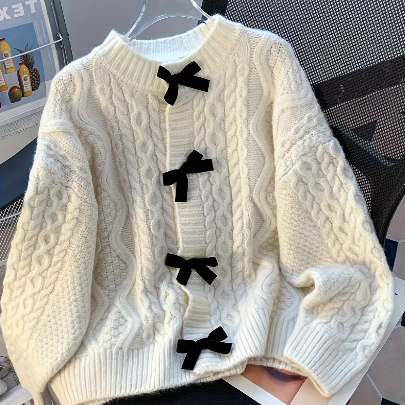 TEMU Cable Knit Bow Front Cardigan, Casual Long Sleeve Crew Neck Cardigan For Fall & Winter, Women's Clothing