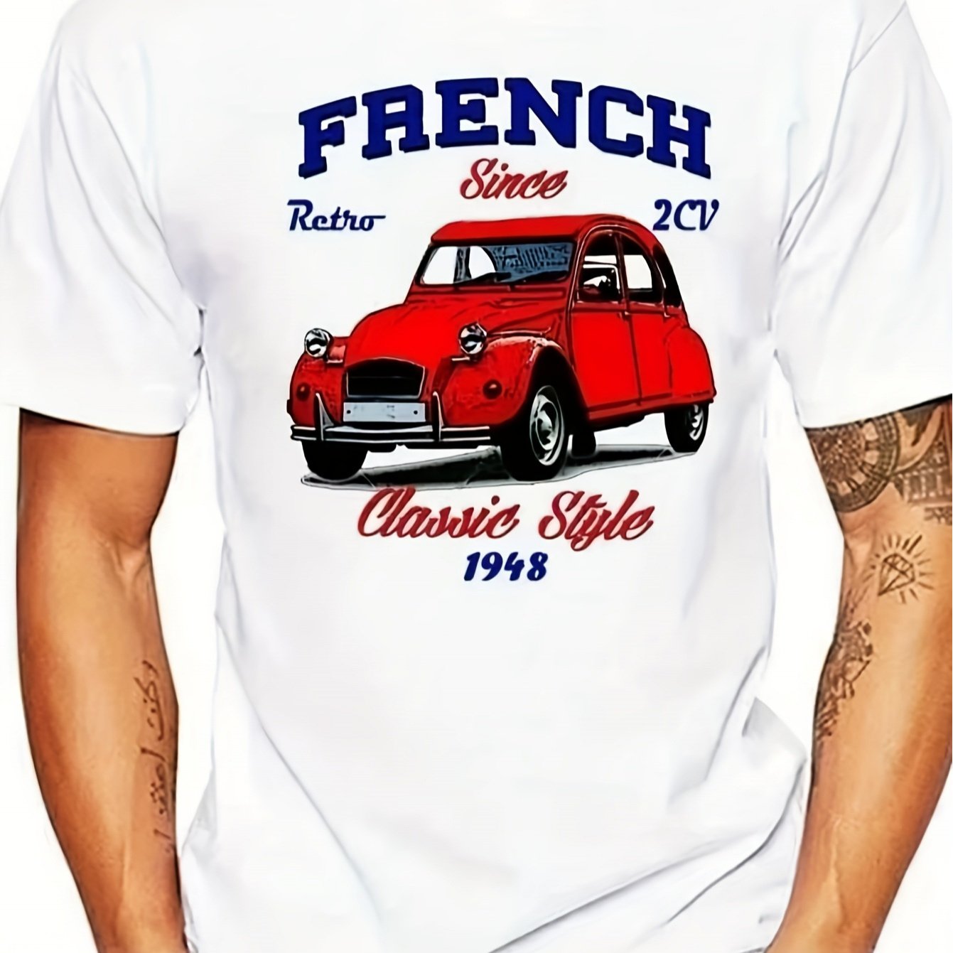 TEMU Men's Vintage 2cv Classic Car Graphic T-shirt - White With Red And Blue French Text And 2cv Logo, Regular Neck Casual Streetwear, Machine