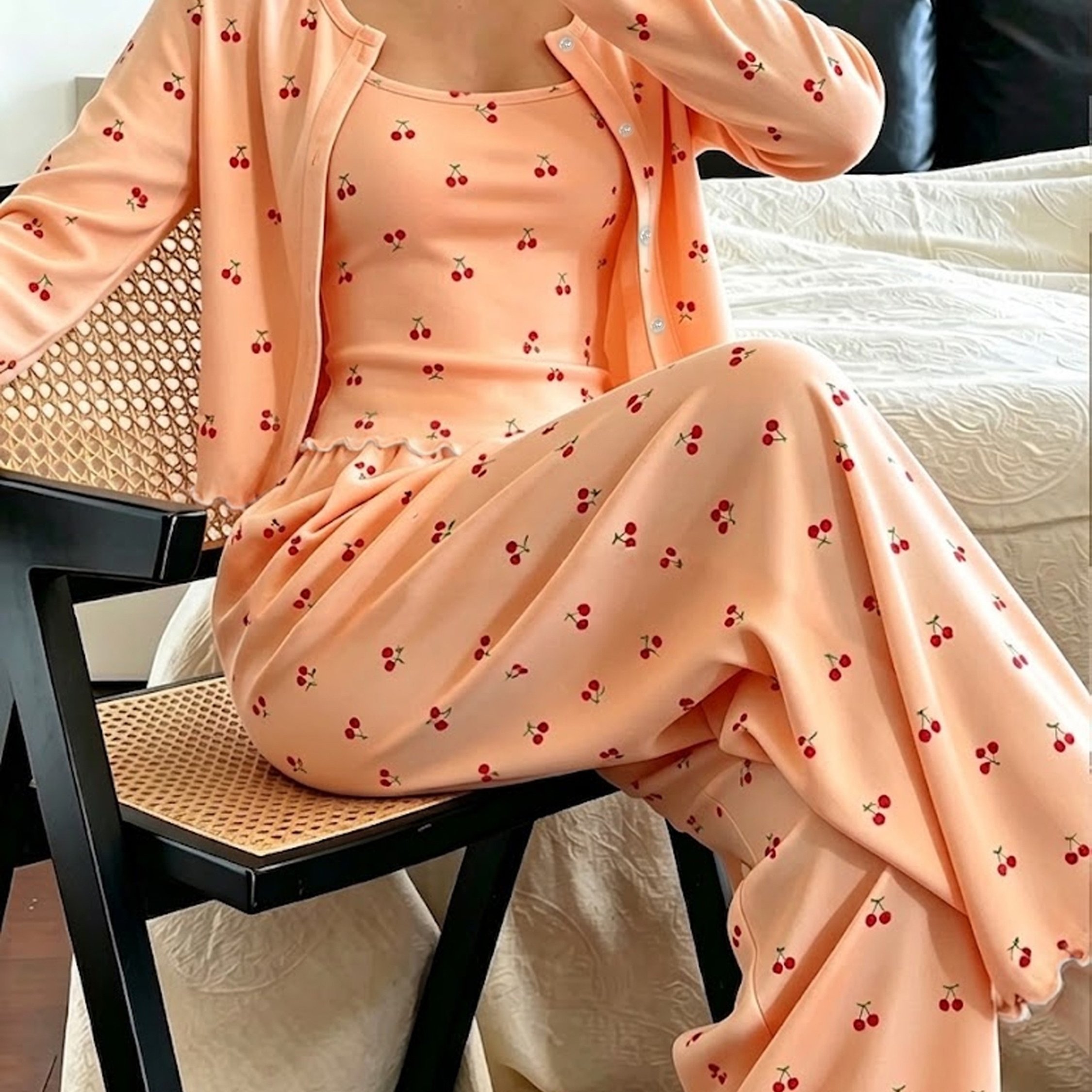 TEMU New Women's Fashion 3pcs Loungewear Set, Cherry Print Pattern Casual And Outfit
