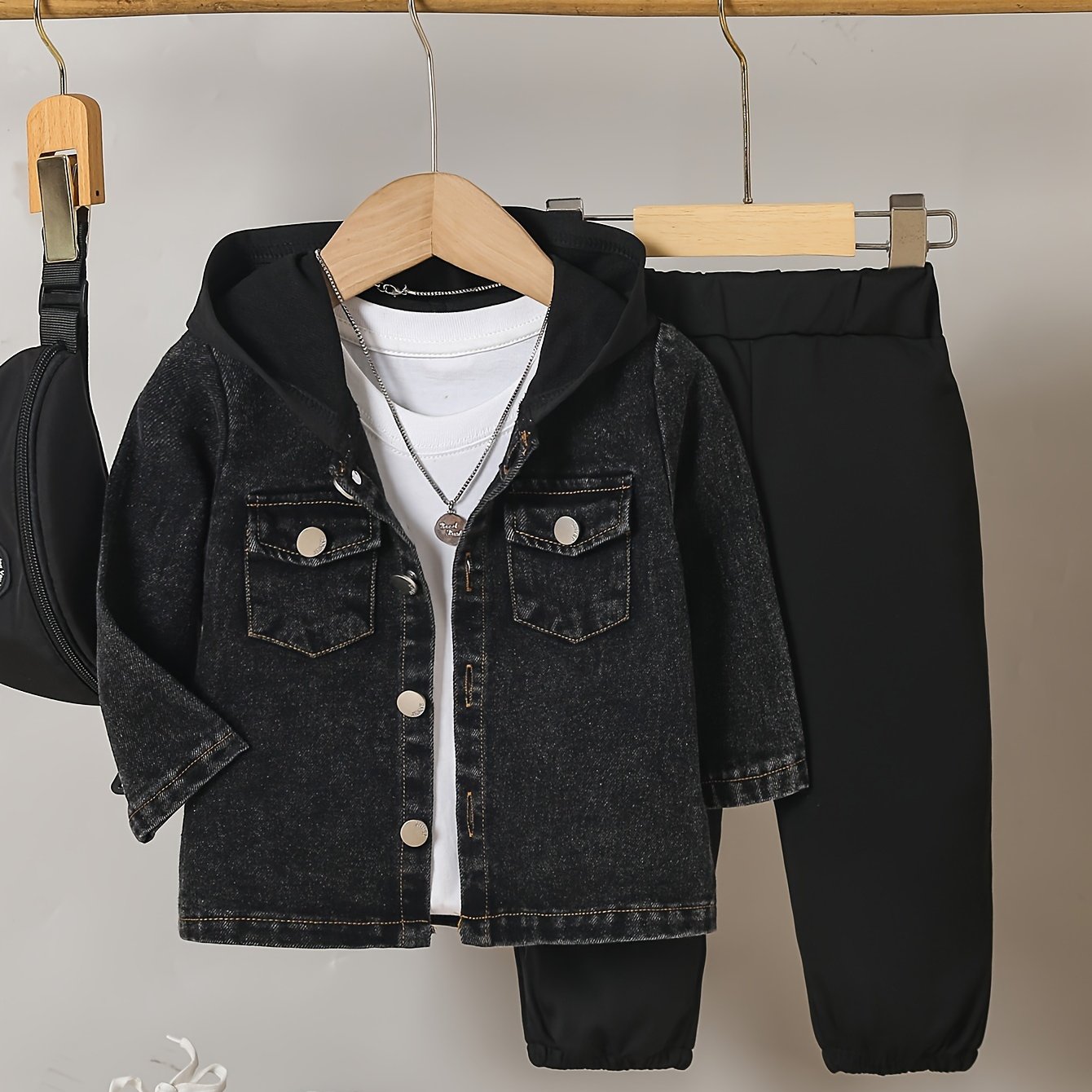 Fall Winter Denim Jacket And Casual Athletic Sweatpants 2pcs Outfit Boys Autumn Set, For Outdoor