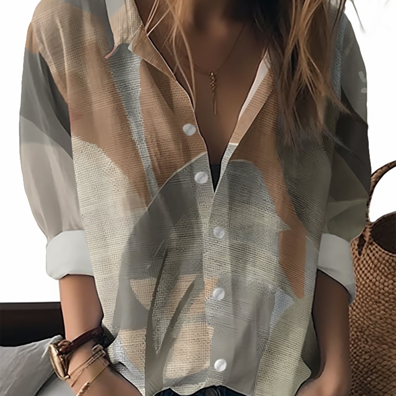 TEMU Women's Elegant Casual Button- Collar Blouse - /brown/muted Beige Floral Leaf & Abstract Pattern Shirt, Machine Washable Polyester Top For