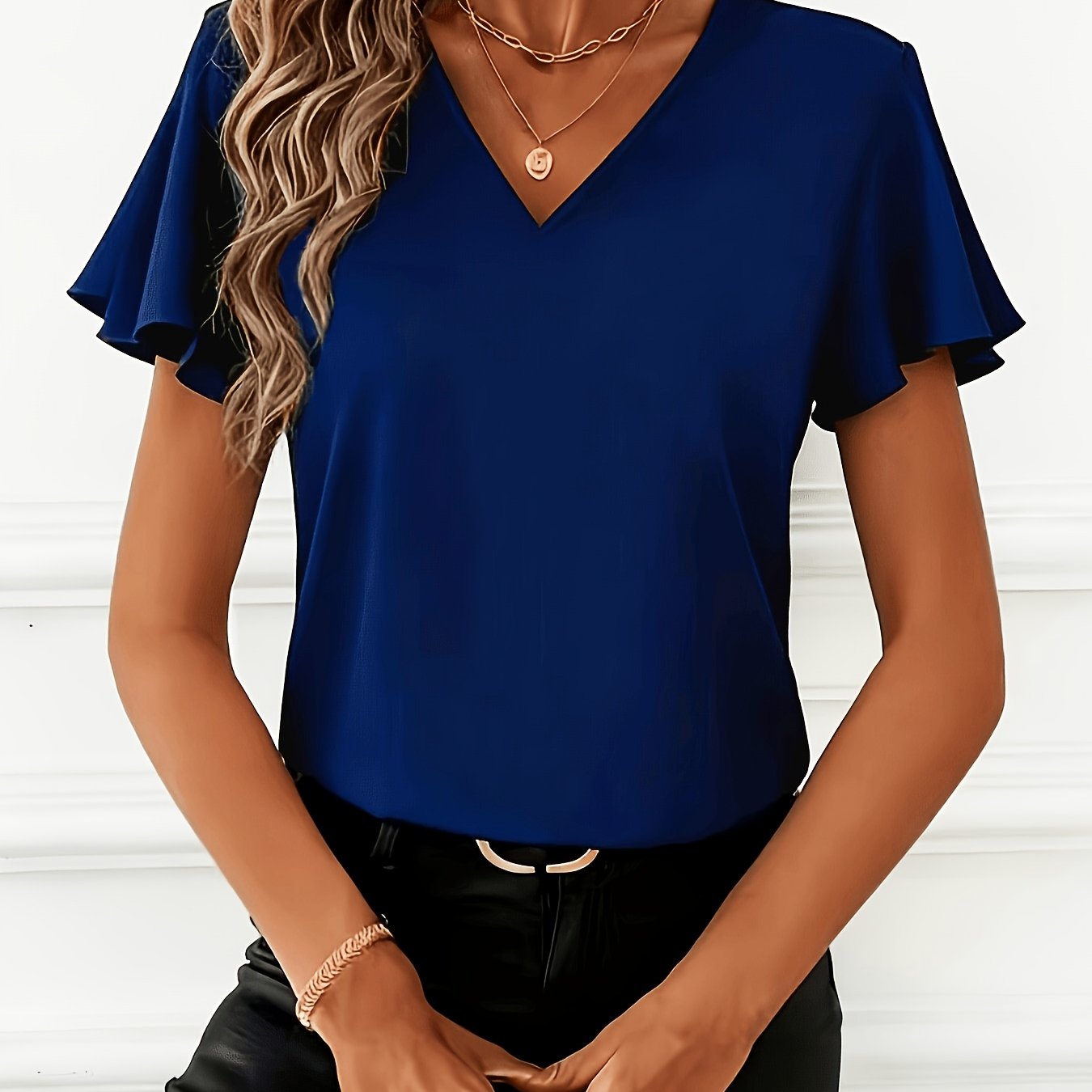 TEMU Women's Elegant Solid Color Flared Sleeve Blouse - Beautiful V-neck Short Sleeve Shirt, Easy Short Sleeve Top, Versatile Design, Suitable For