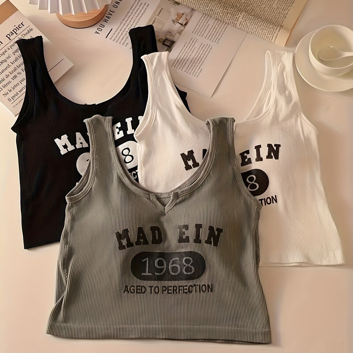 TEMU 3pcs Women's V-neck Camisole Tank Top, Fashionable Letter And Number Print Vest With Built-in Bra Pads