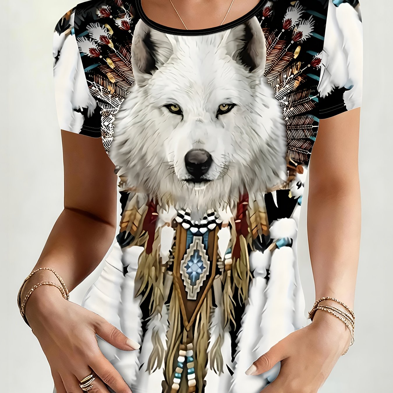 TEMU [printed Design - Not Textured] Women's Round Neck Printed Short Sleeve T-shirt, Vintage Wolf Pattern, , Niche Design, Fabric, Casual Fit, Soft