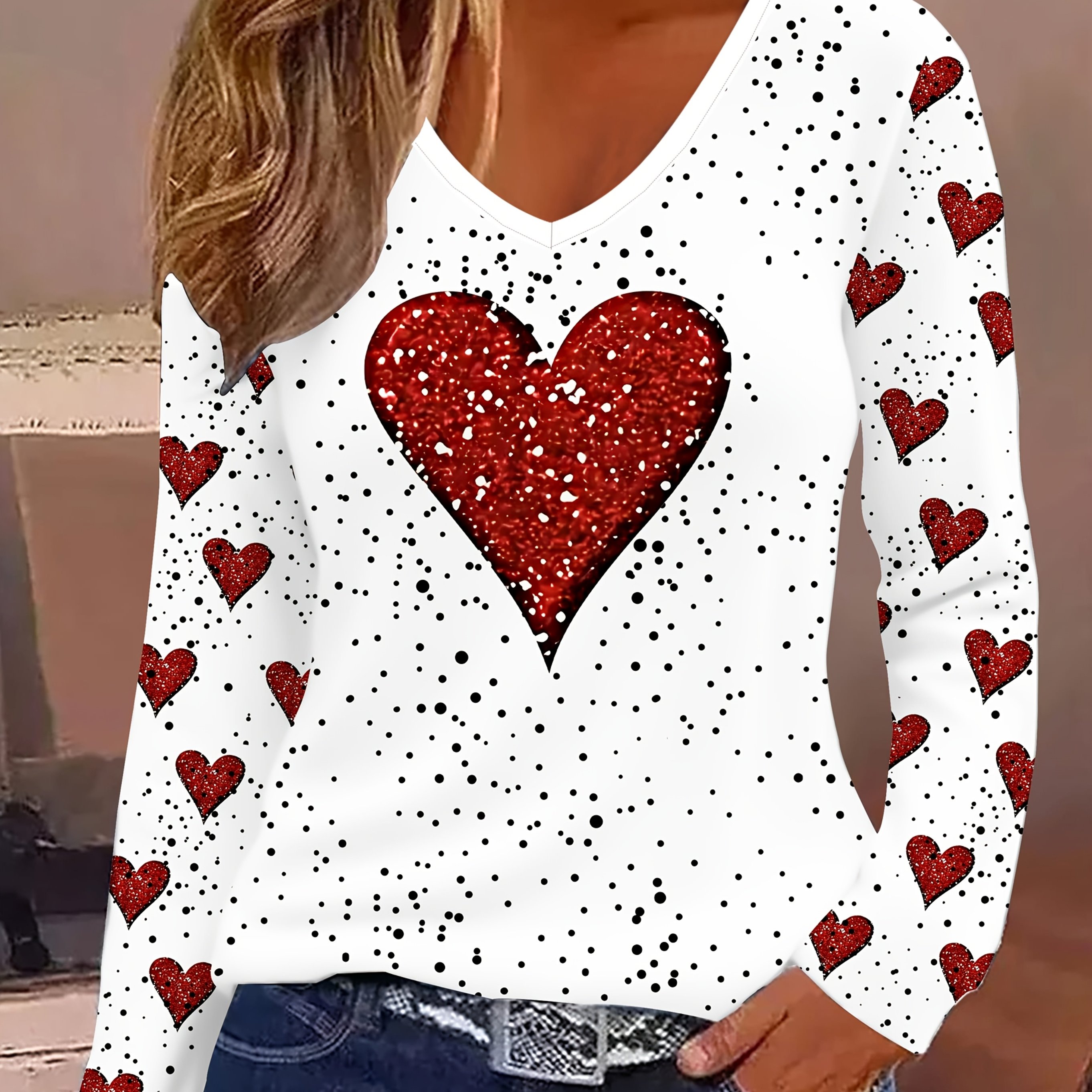 TEMU Women's Casual Elegant Valentine's Day Heart Pattern V-neck Printed Long Sleeve T-shirt