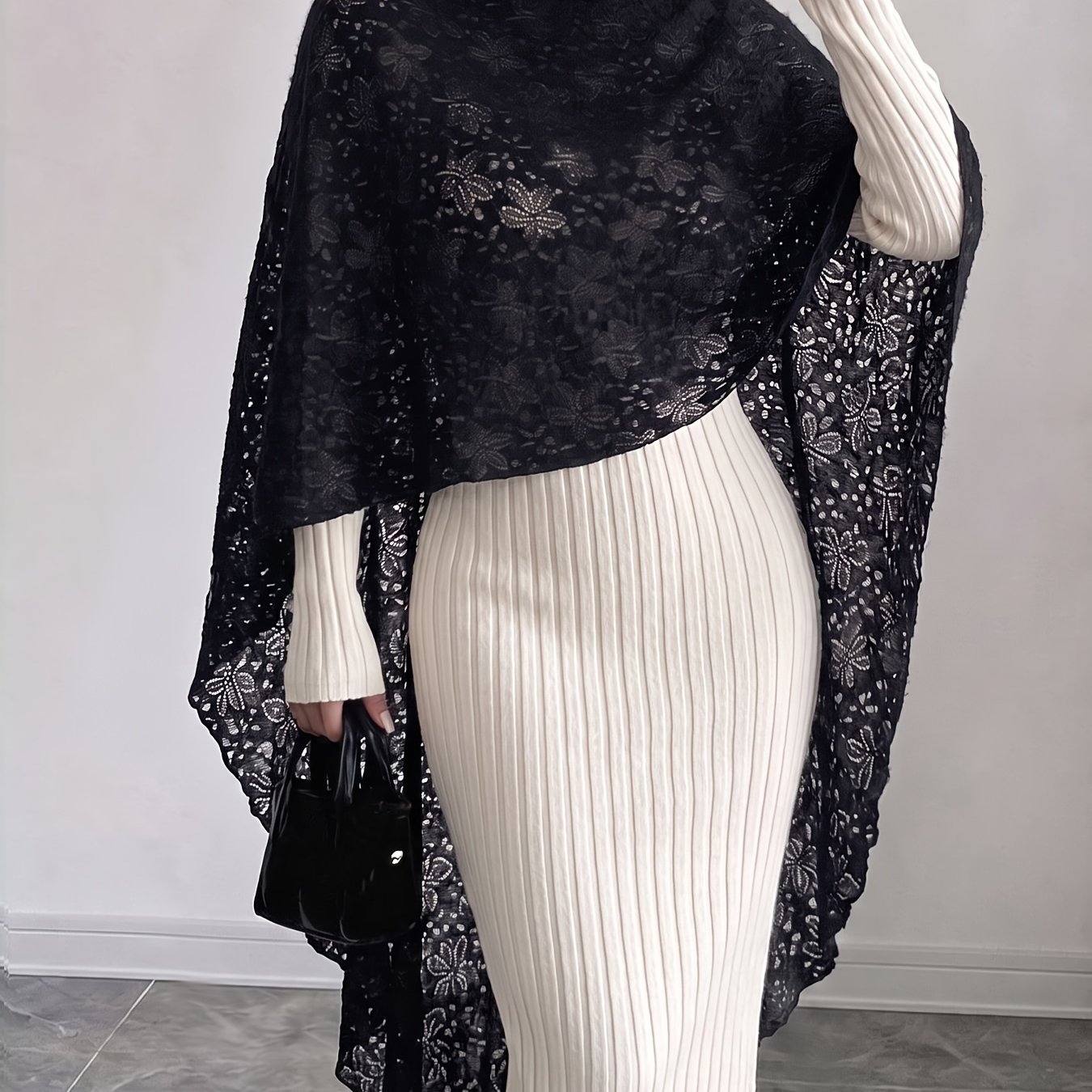 TEMU 2026 Lente Herfst Nieuwe Hoge Hals Holle Bloem Kant Cape Sjaal Dames Voor Korte Rug Lange Irreguliere Transparante Blouse Layering Bovenkleding,
