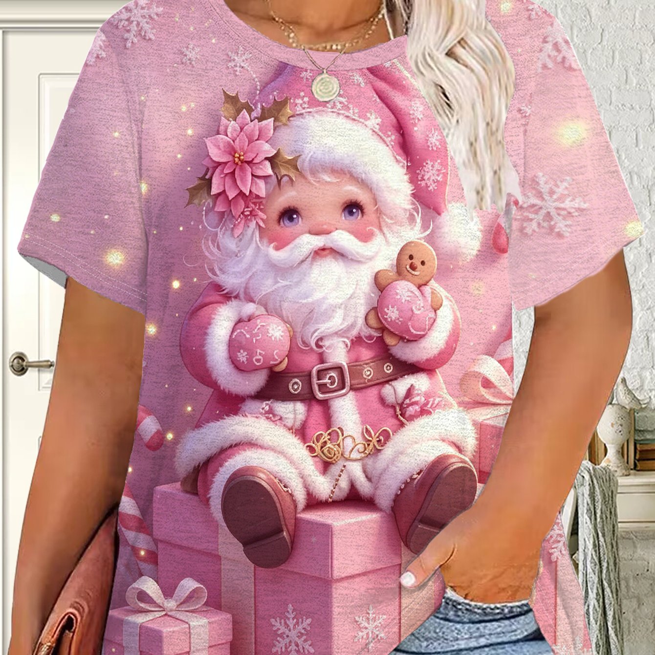 TEMU Plus Size Women's Summer New Festive Age-reducing Base Layer, Pink Gradient Snowflake Cute Santa Claus Pattern Plus Size Loose Round Neck Short