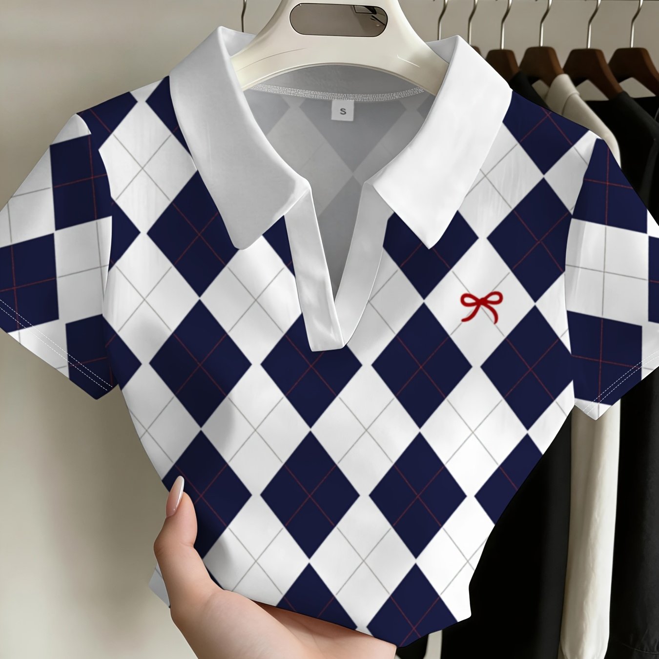 TEMU Fashion Rhombus Women's Shirt Design Daily Commuter's All-matching Top Comfortable Breathable Slim Fit For Spring And Summer Wear With Jeans Or