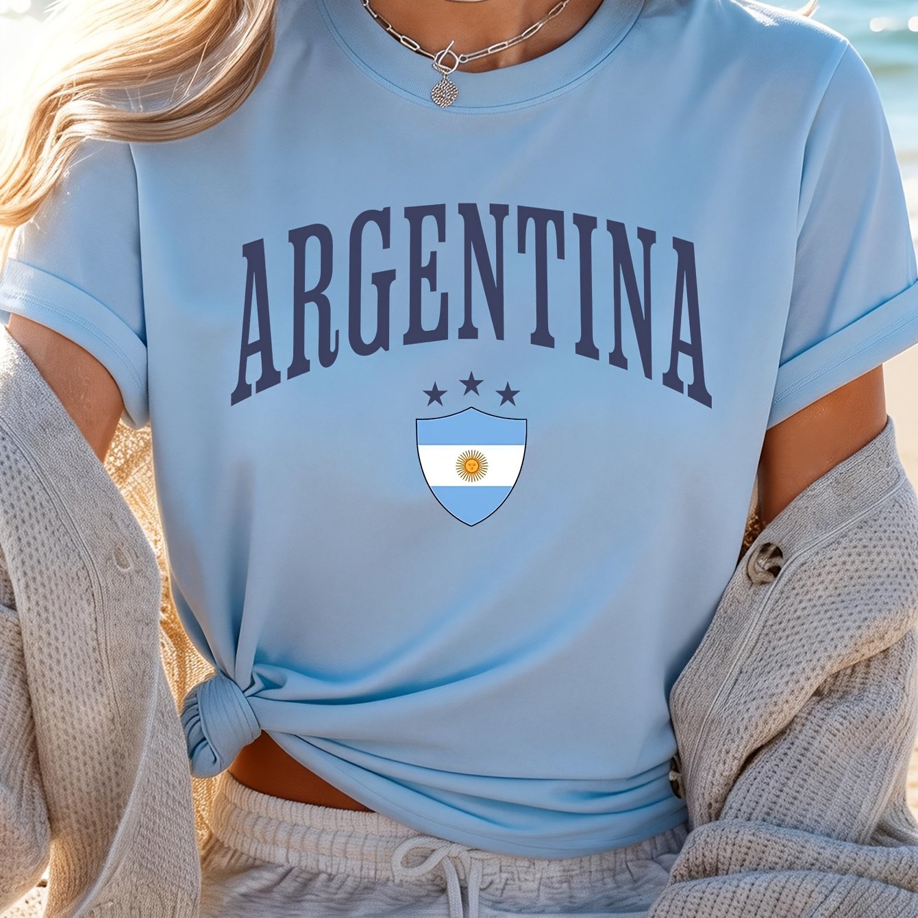 TEMU Shield Flag Argentina Fashion Retro Fan Travel Wear Casual Women's Round Neck T-shirt