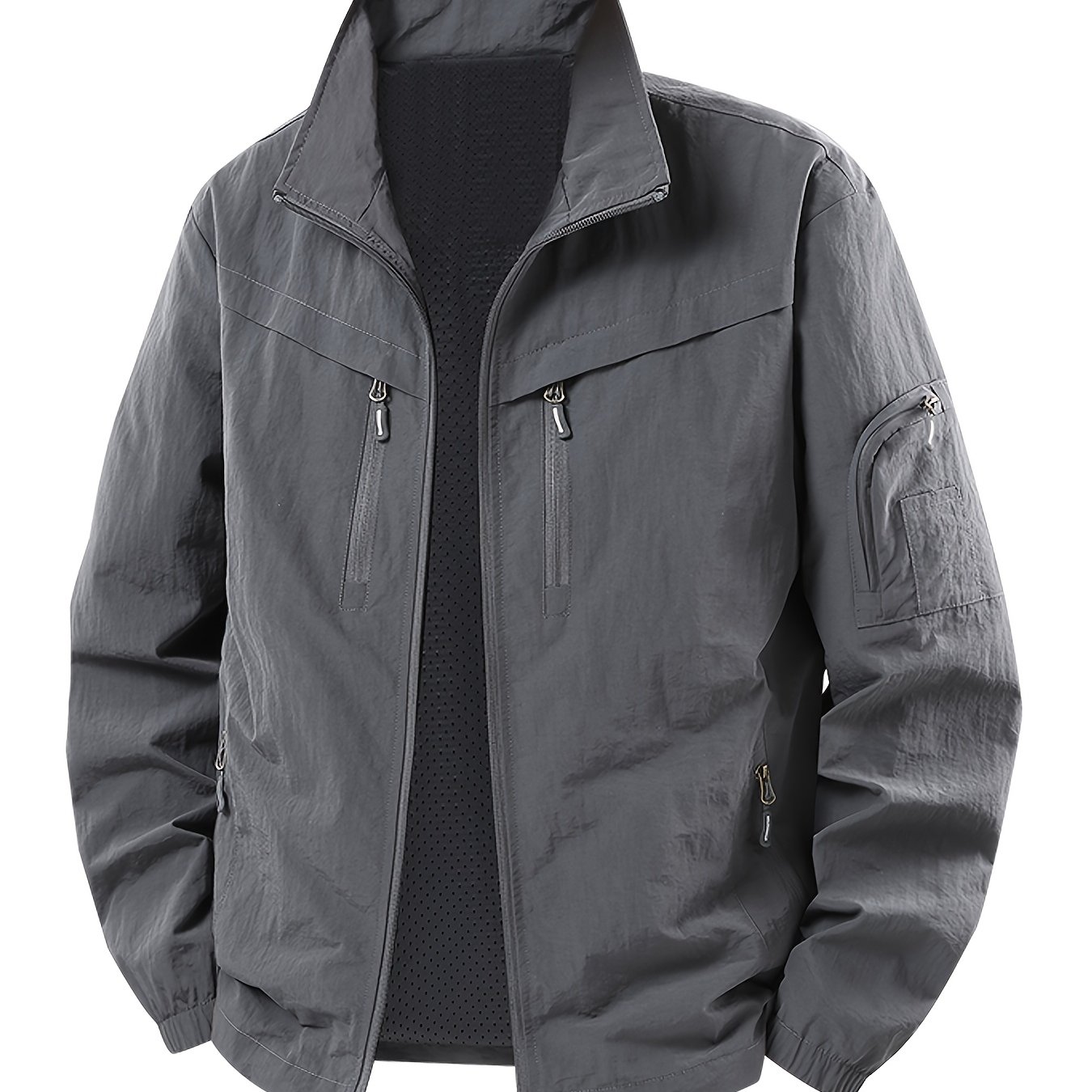 TEMU Men's Collar Utility Jacket For , Multi-pocket Windbreaker Coat With Portable And Practical Zippered Pockets, Arm Pockets Design, Zippered Front