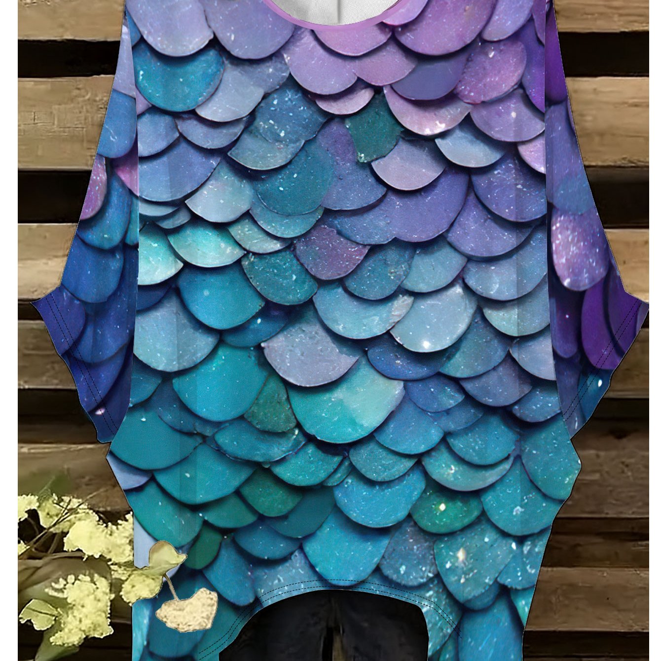 TEMU Plus Size, Women's Plus Size Mermaid Scale T-shirt - Bohemian Mermaid Tail Print Short Sleeve Top With Irregular Hem, Round Neck Stretchable