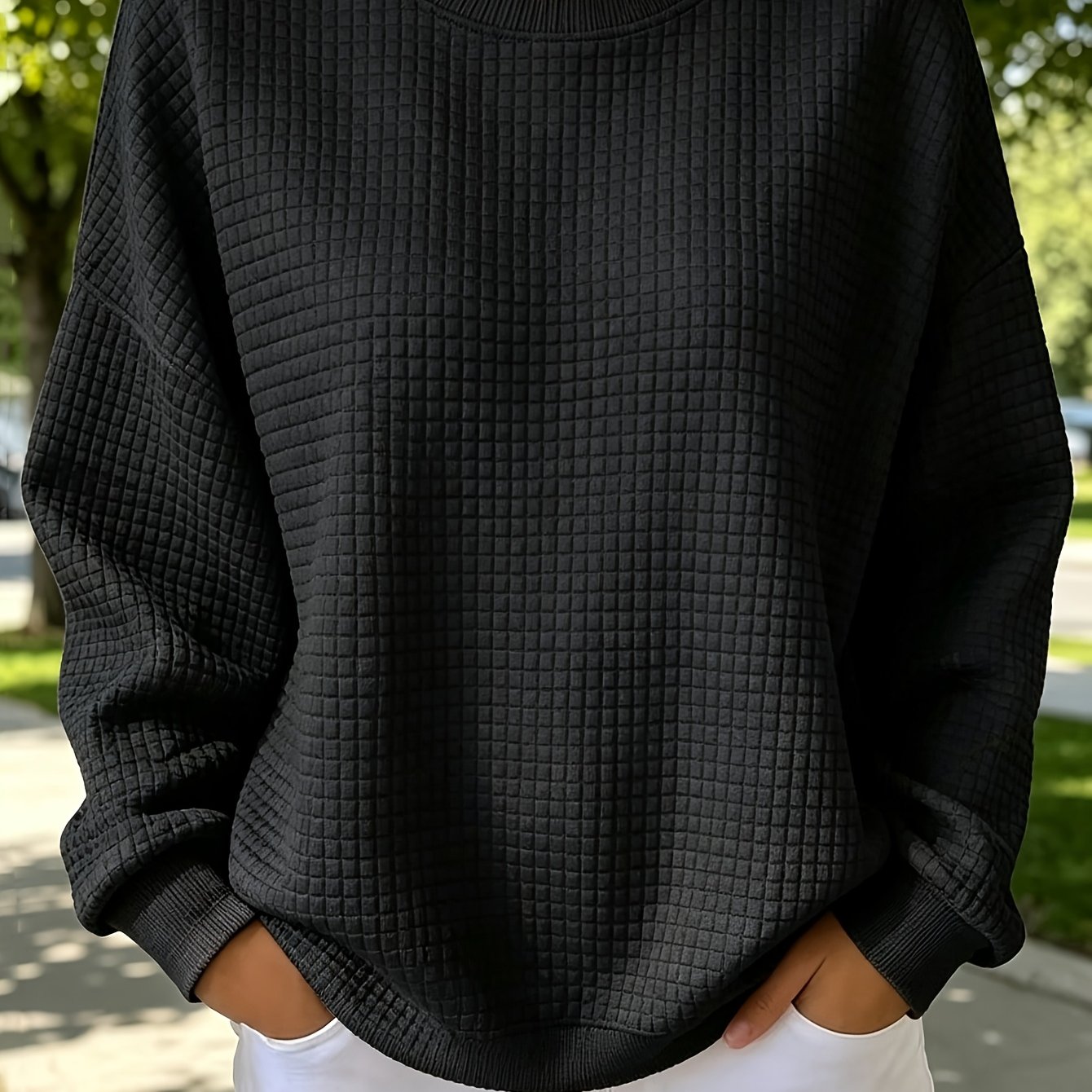 TEMU Plus Size, Women'-dimensional Waffle Fabric, Simple Solid Color Without Print, Round Neck Sweatshirt, Long Sleeves With Ribbed Cuffs, Warm And