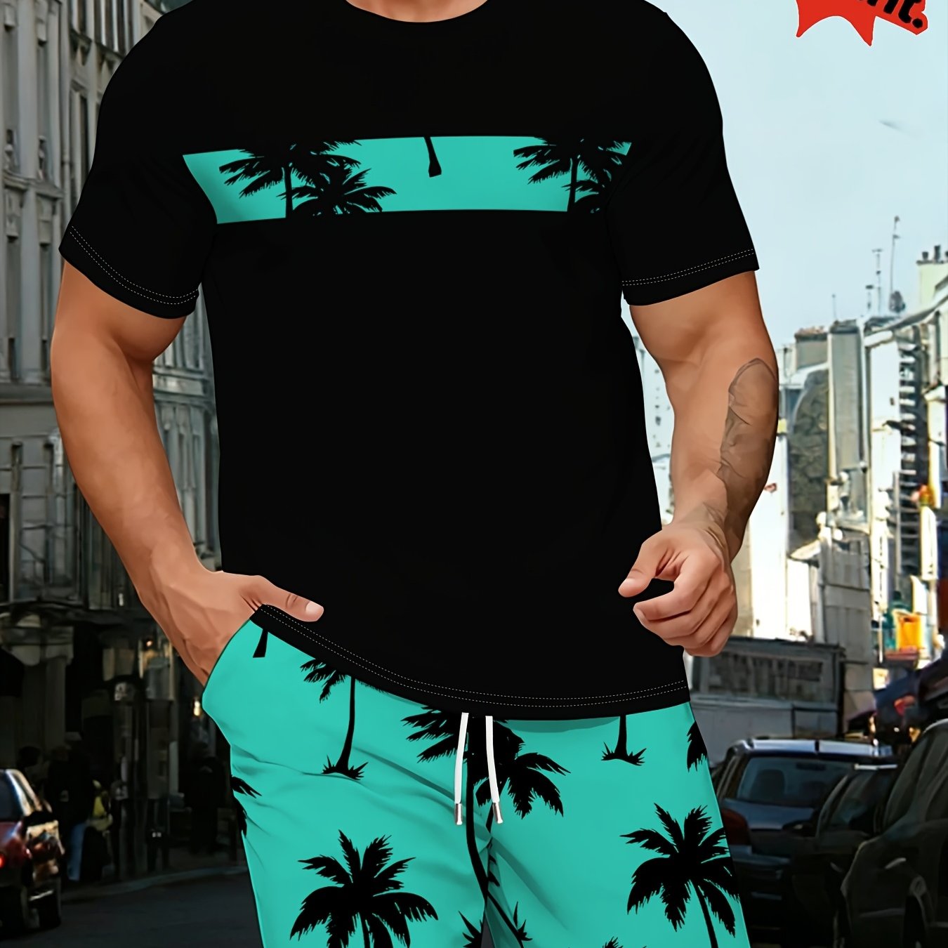 TEMU [print Design - Not Textured] Men's Casual T-shirt And Shorts Set, Tropical Print Pattern, Round Neck Short Sleeve Top With Drawstring Shorts,
