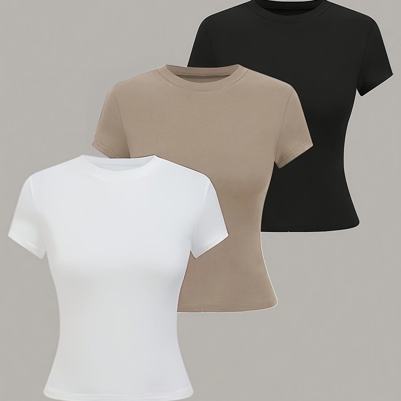 3pcs Women's Summer Solid Color Round Neck Short Sleeve Casual T-shirt Tops