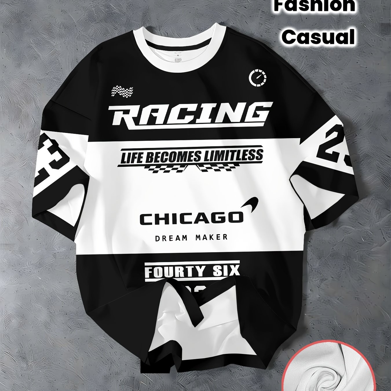 TEMU Men's Chicago Racing-themed T-shirt Compatible For Events - Summer Short Sleeve Round Neck Casual Tee With Racing Print, Machine Washable () -
