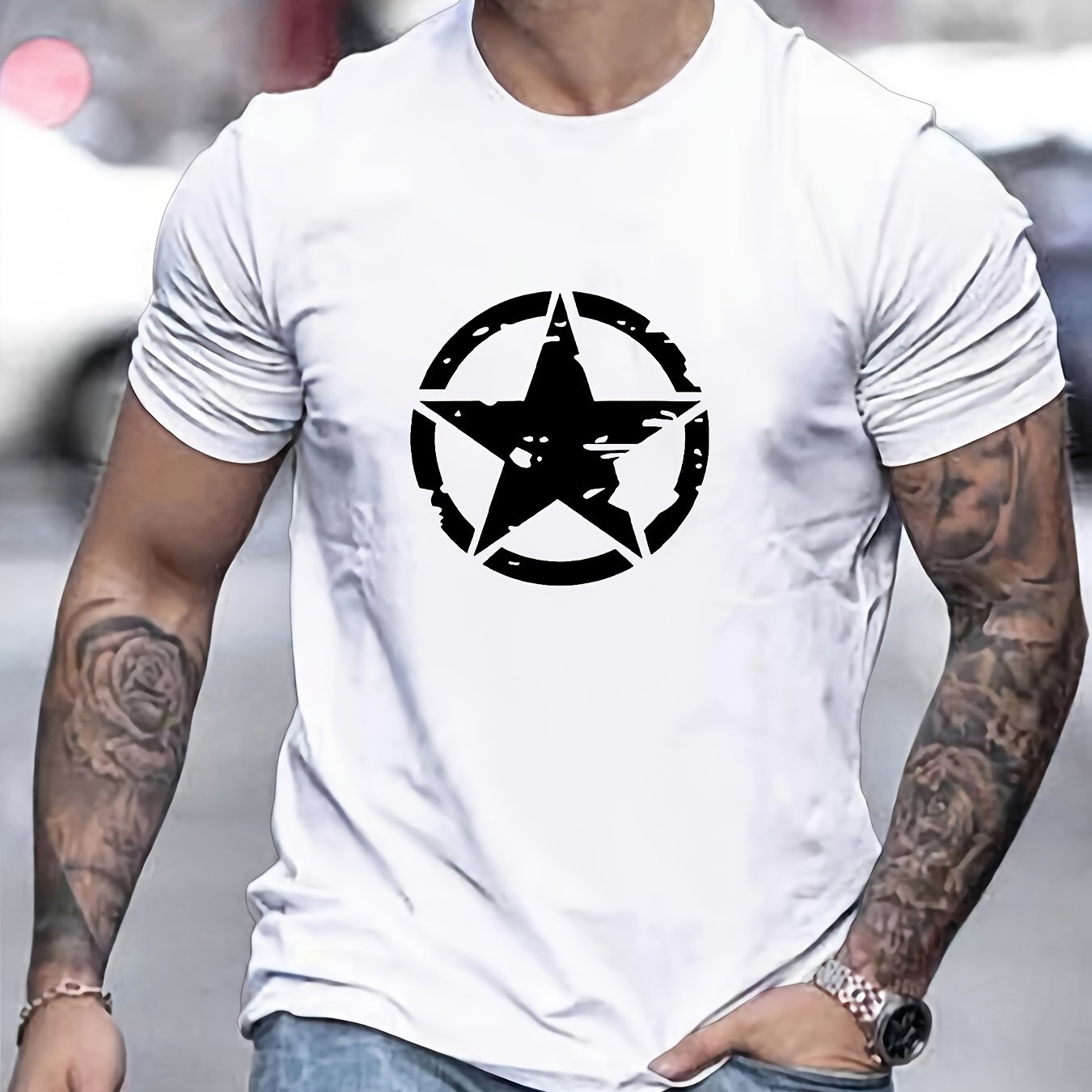 Men's Round Neck Short Sleeve T-shirt With Five-pointed Star Pattern For Spring, Summer, And Autumn Casual Wear