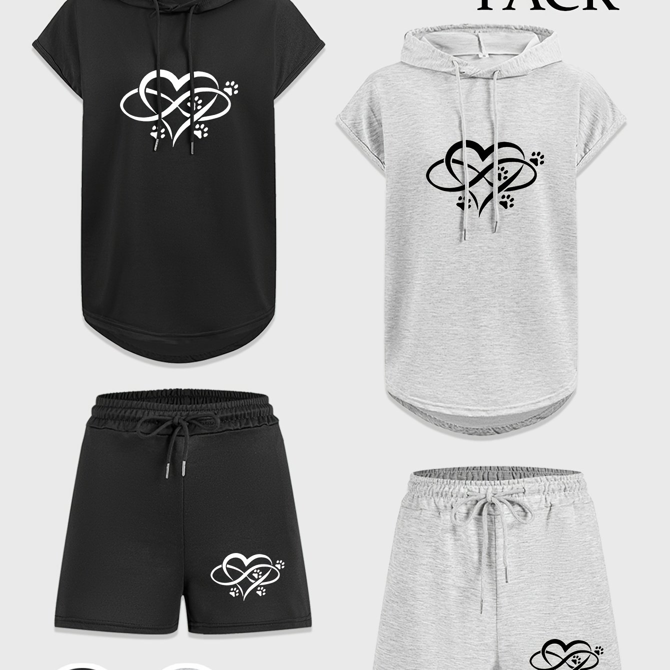 TEMU 2 Sets Women's Casual Jogger & Hoodie Set - Comfortable Drawstring Sweatshirt With Heart Print, Sleeveless Hooded Design, Gray & Black, Perfect