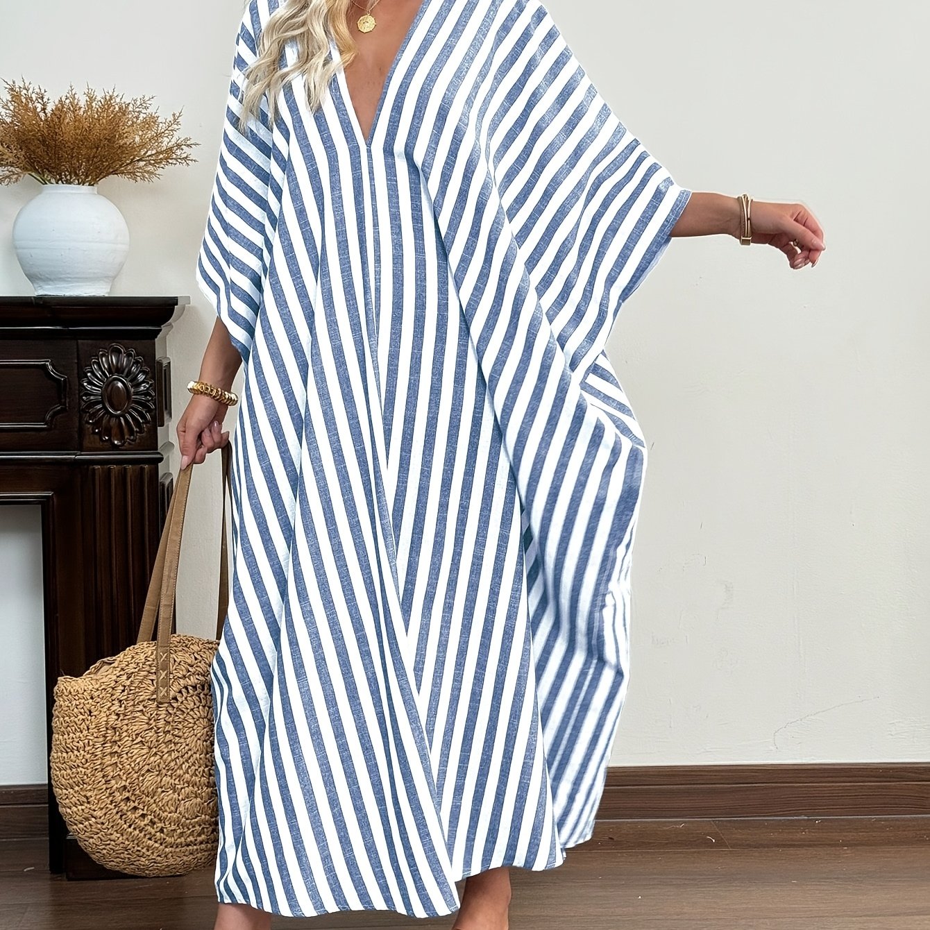 E-shop 3086 Damen Streifenmuster Batwing-Ärmel Casual Kleid