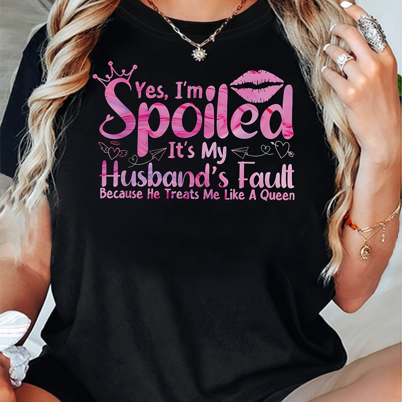 TEMU By Husband Lettering Print T-shirt Women's Spring-summer Short-sleeve Crew-neck Casual T-shirt, Daily Leisure, Holiday Gift, Daily Outing