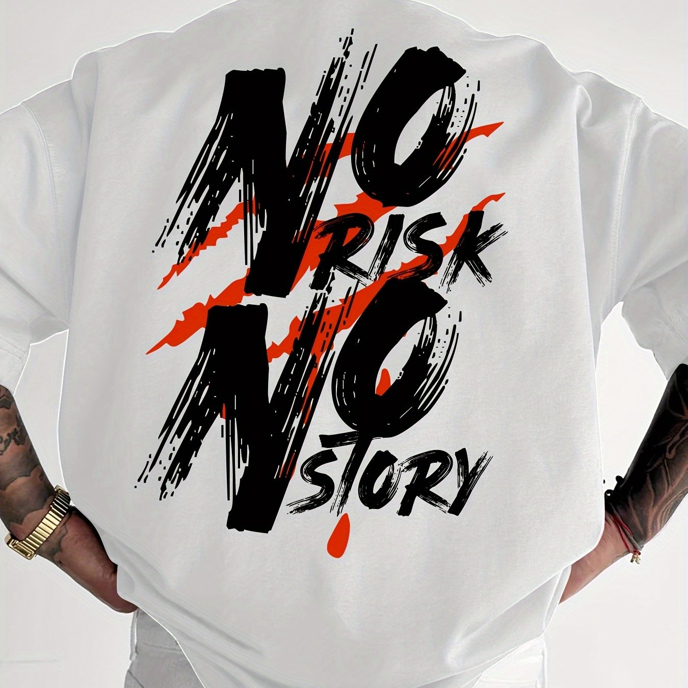 TEMU Men's Casual Short Sleeve T-shirt With " No Story" Graphic Print - 100% Polyester Breathable Knit Fabric, Regular Fit Round Neck Tee For Summer