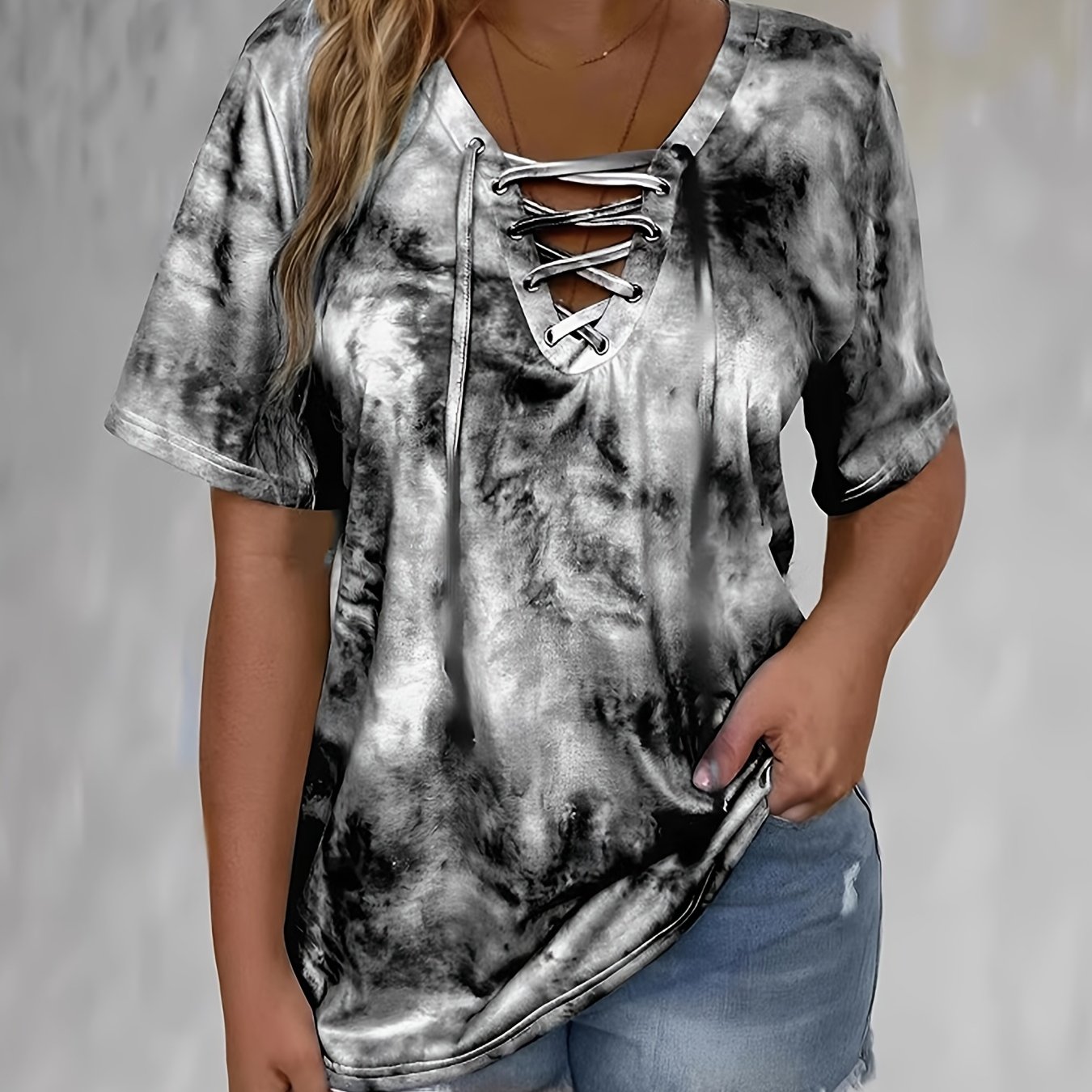 Image of Print Drawstring T-shirt Casual Fashion Short Sleeve Spring/summer New Women's Clothing