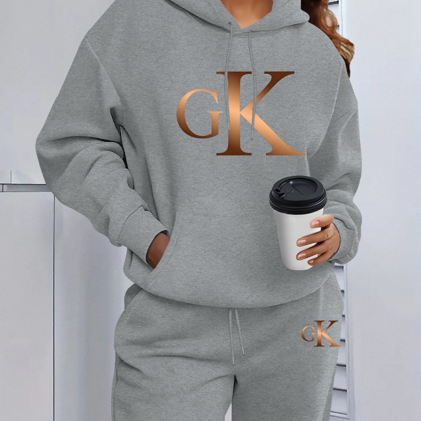 TEMU Hooded Sweatshirt And Jogger Pants Minimalist Hot Foil Gk Letter Print Outfit - Comfortable, Stretchy Fabric, Casual Wear, Leisure Attire