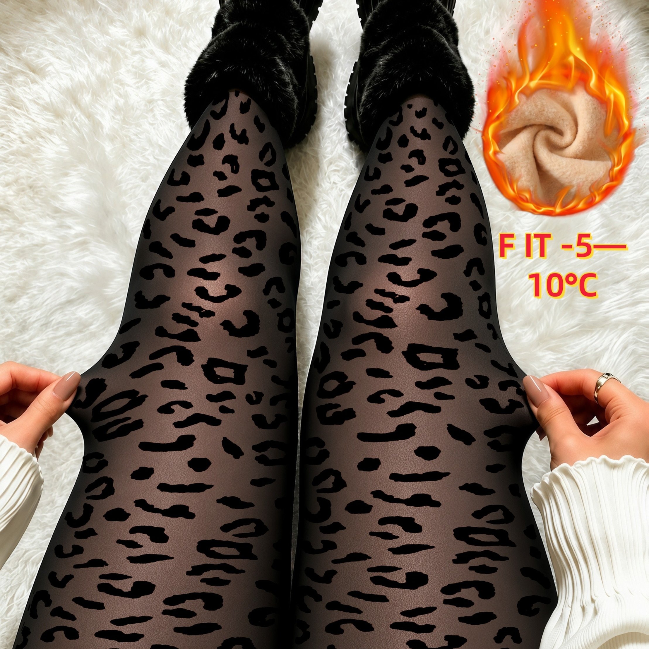 TEMU 1-pack Women Print Fleece Lined Pantyhose For Daily Dating Shopping Autumn Winter High Elastic Cold Proof Retro Fashion Atmosphere Thickened
