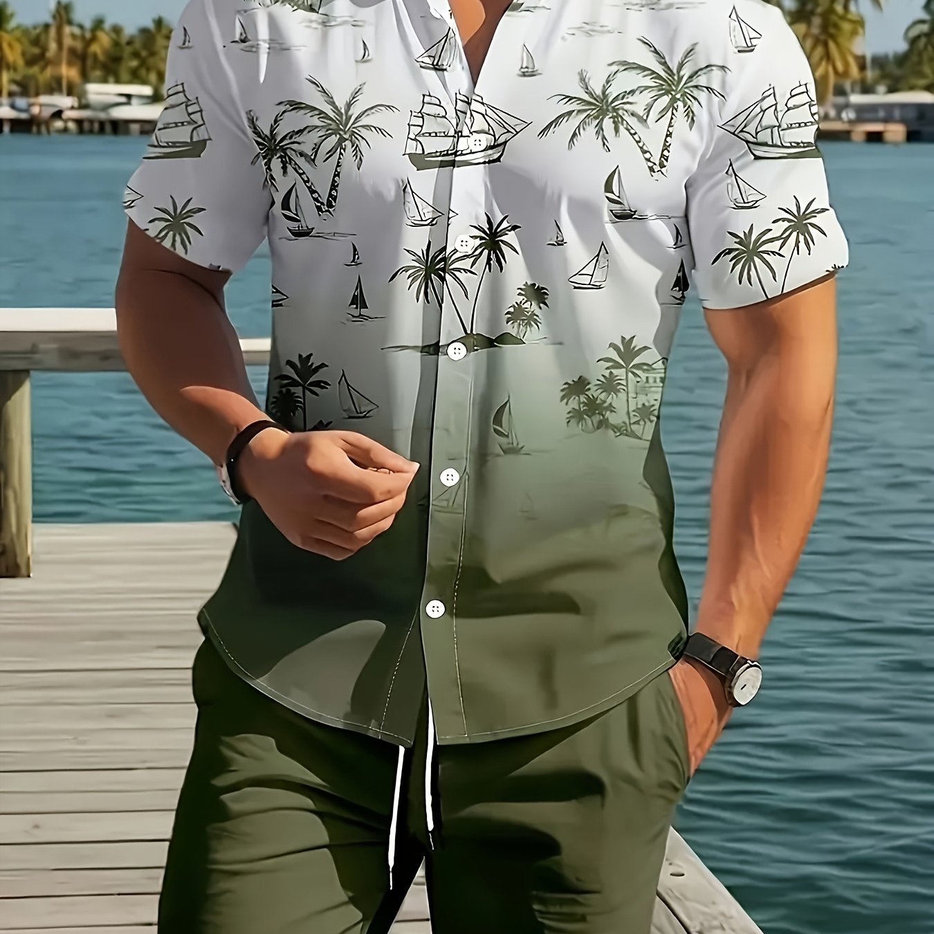 TEMU Men's Summer Palm Tree Print Lapel Collar Shirt And Shorts Set | Comfortable Short-sleeve With Drawstring Pocket Shorts, Casual Loose Fit Round
