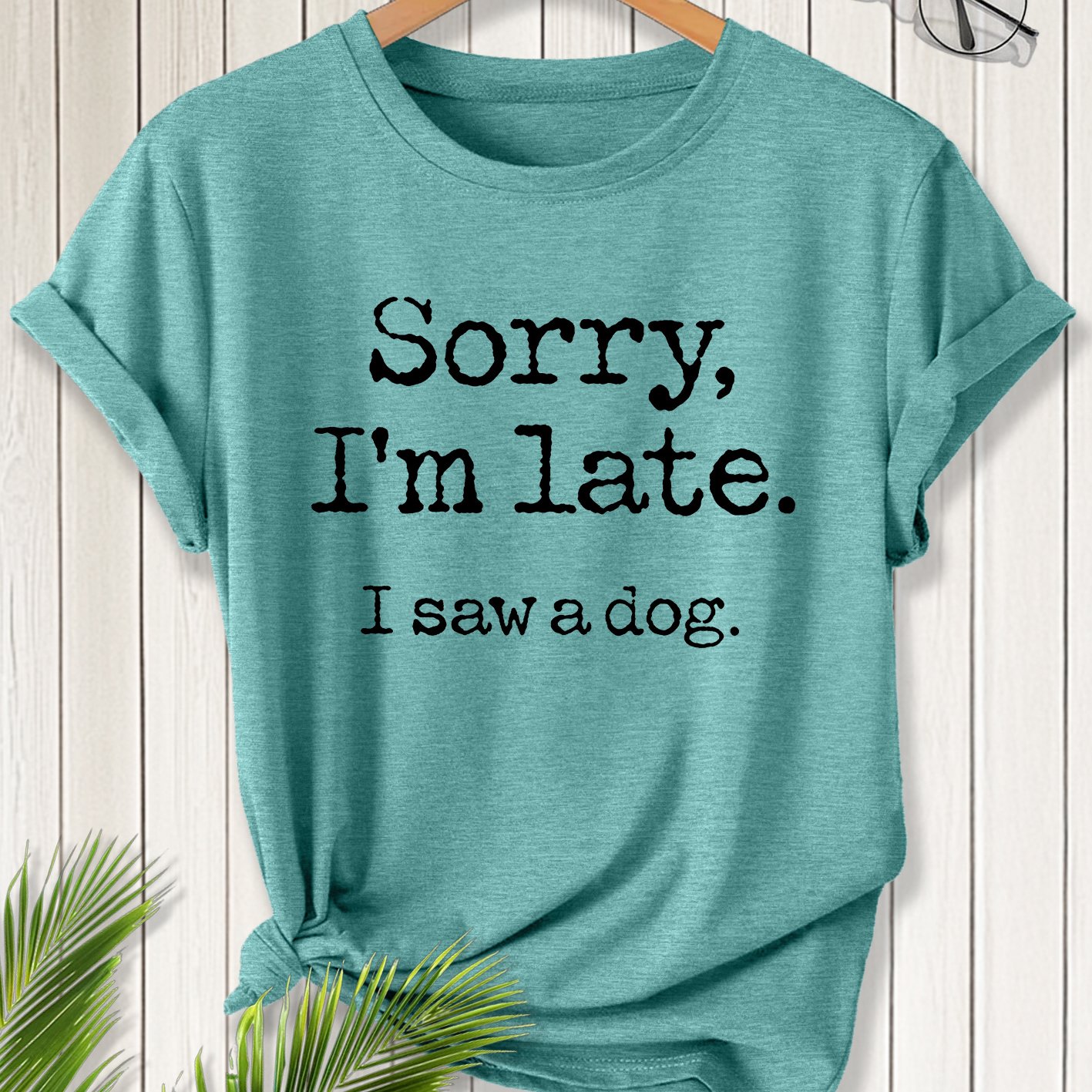 TEMU Women's Vintage "late For Work" Dog Print T-shirt - Distressed Retro Crew Neck Short Sleeve Top With Suitable For Work & Casual Wear, Loose Fit