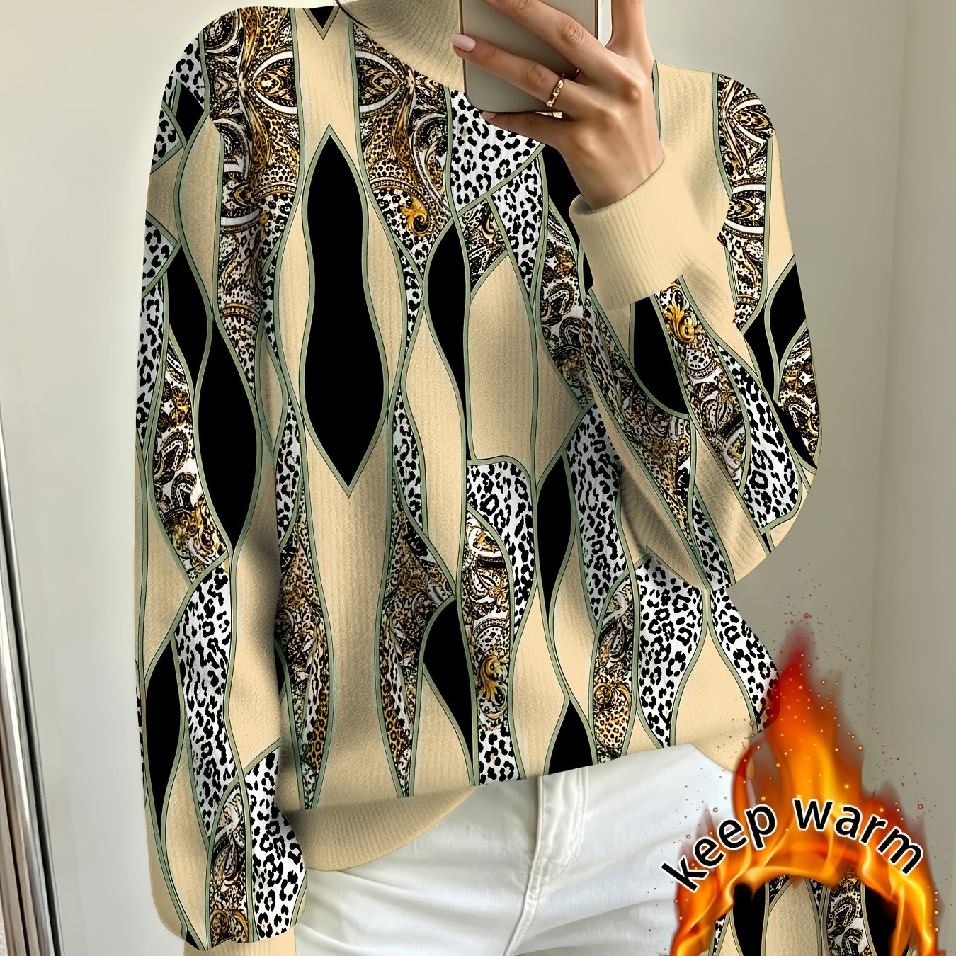TEMU Nouveauté 2026 Hauts pour femme à imprimé, faux pull à motif de léopard avec coutures géométriques, demi-col roulé, design chaud, automne-hiver,